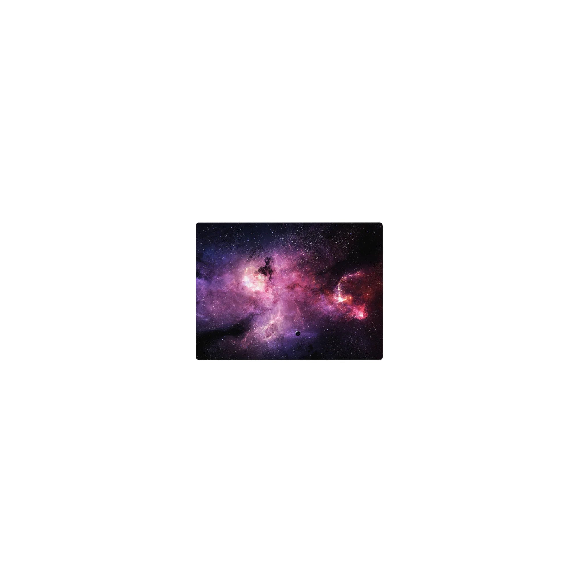 Nebula galaxy mouse pad with star-speckled swirls on a dark background, 14x10 inches.