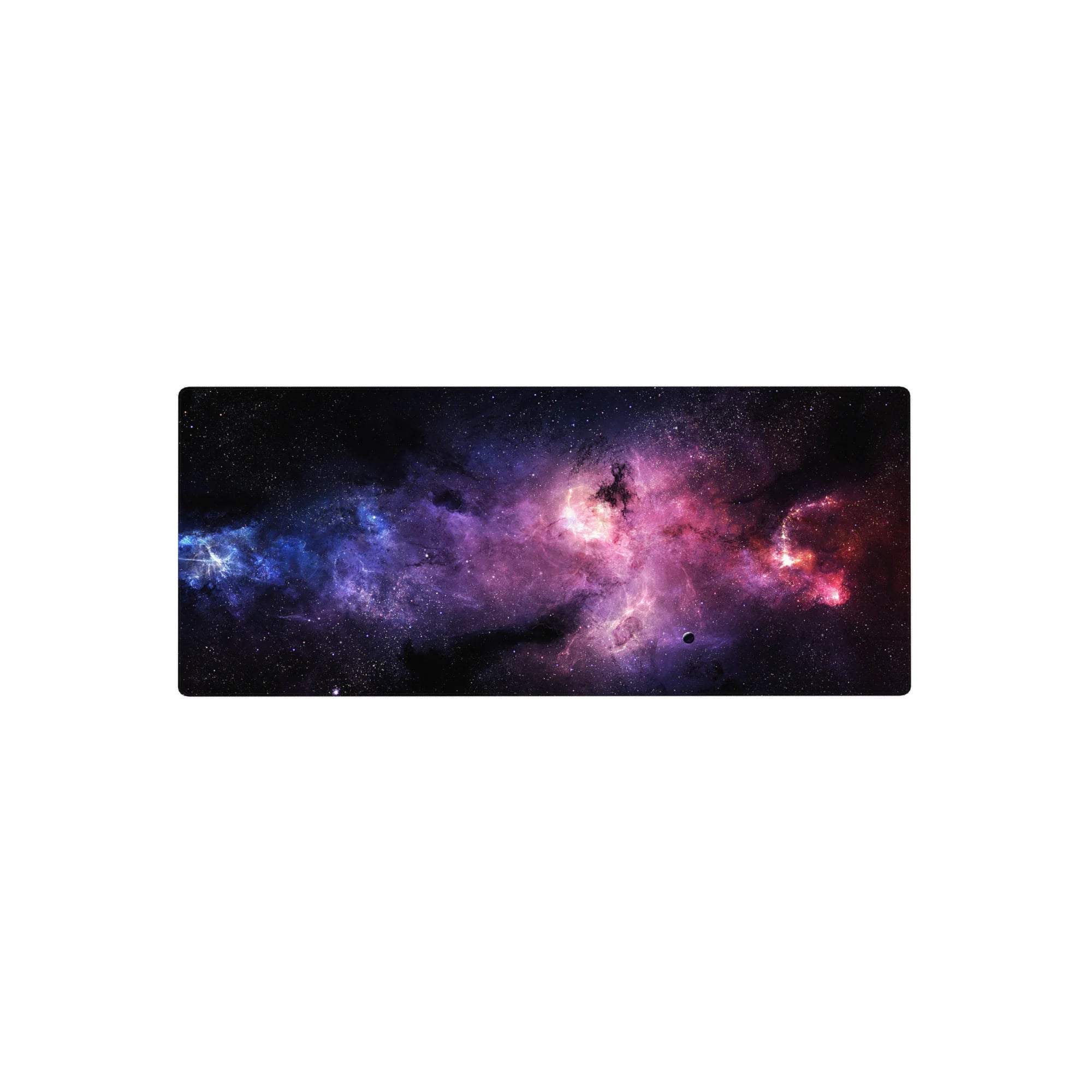 Cosmic nebula desk mouse pad 28x12 inches with star-speckled galaxy swirl design on dark backdrop.