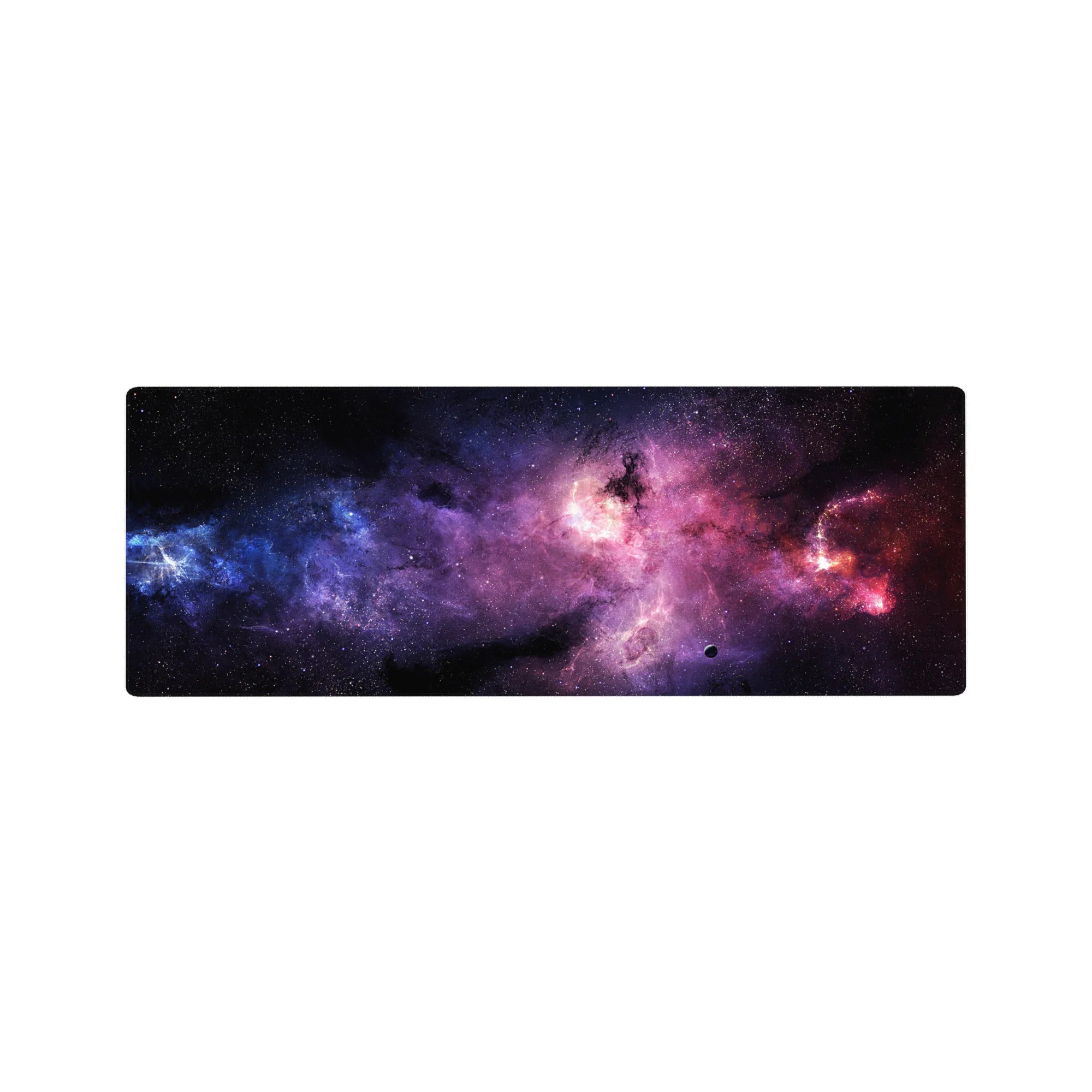 Dreamy nebula galaxy desk mouse pad 32x12 inches with star specks and swirling cosmic clouds.