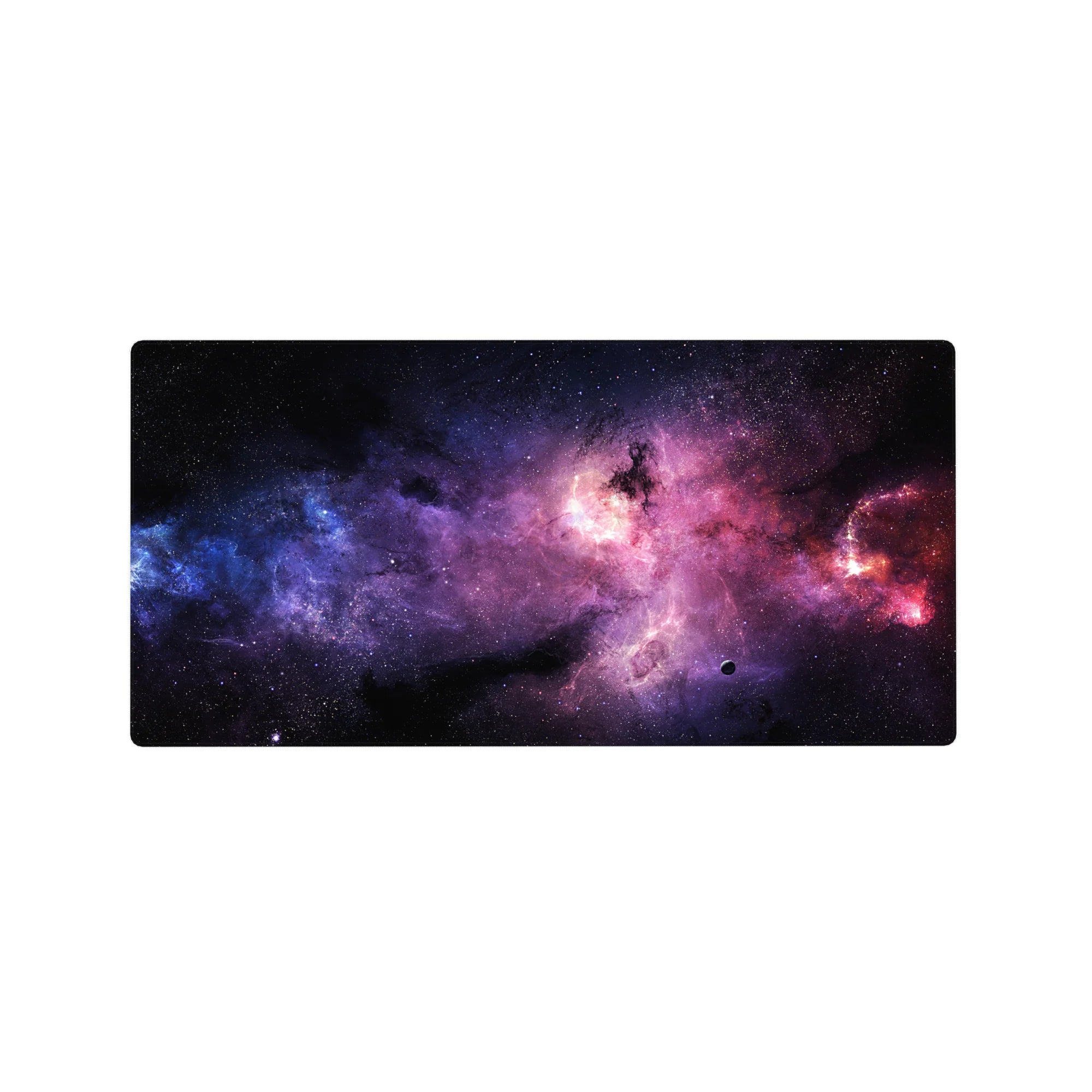 Nebula galaxy desk mouse pad 32x16 inches with swirling clouds and star-speckled cosmic pattern.