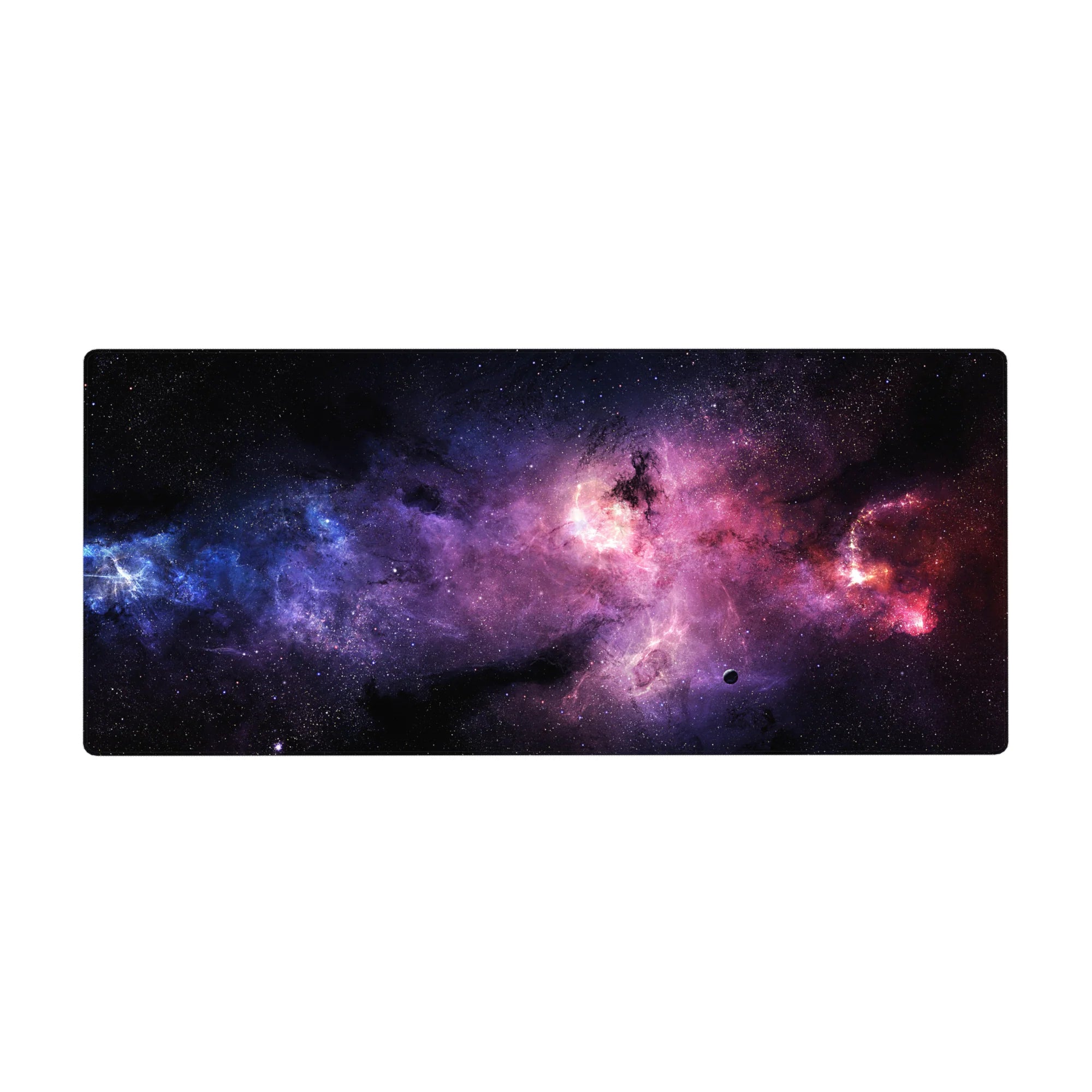 Nebula galaxy desk pad 36x16 inches with swirling clouds, star specks, and sleek dark space backdrop.
