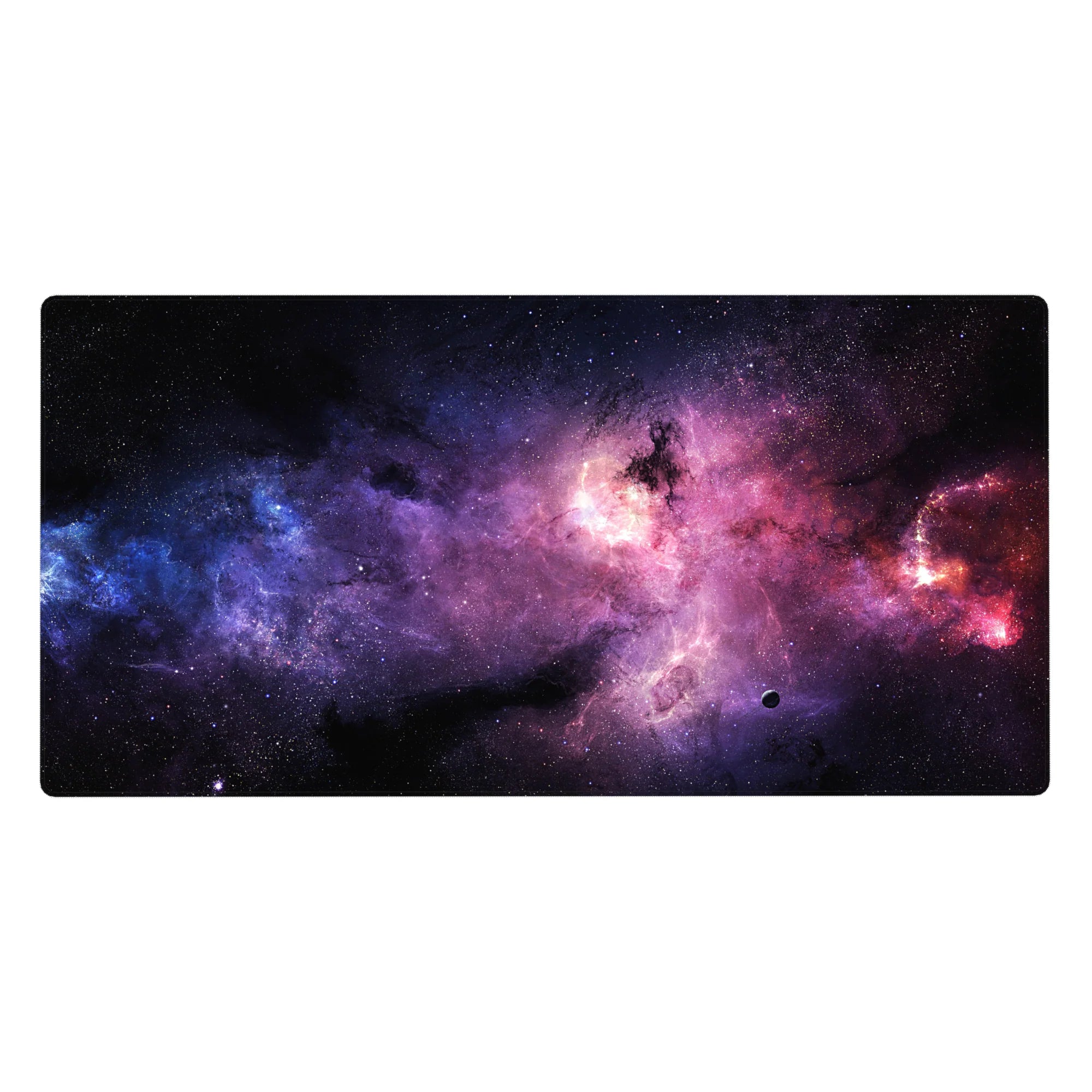Cosmic nebula desk pad 40x20 inches with star-speckled swirls across a dark space backdrop.