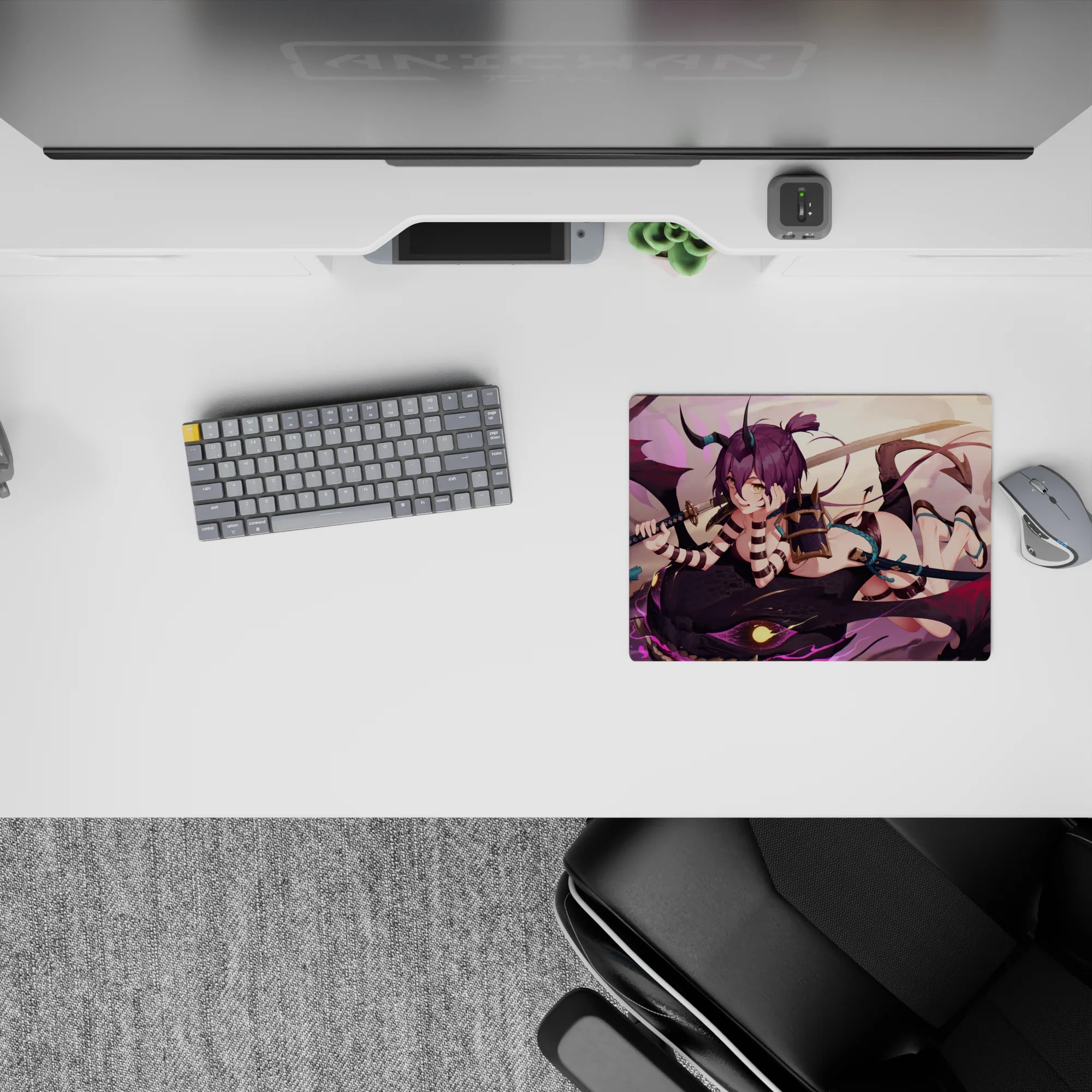 14x10 inches anime mouse pad in lavender sky and charcoal scales, magenta streaks, teal straps, chaotic vibe.