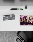 14x10 inches anime mouse pad in lavender sky and charcoal scales, magenta streaks, teal straps, chaotic vibe.