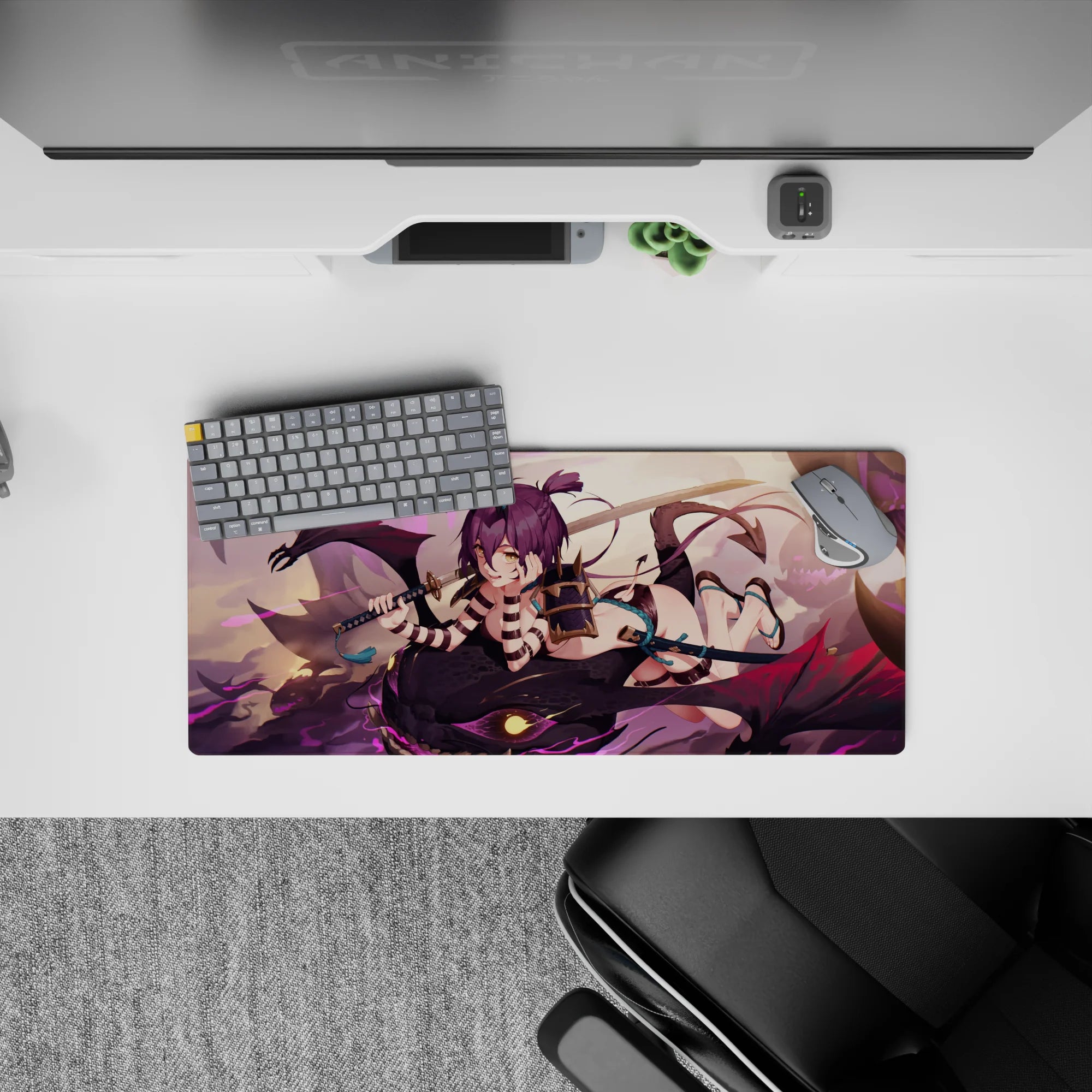 28x12 inches anime mouse pad in lavender sky, charcoal scales, magenta streaks, teal accents.