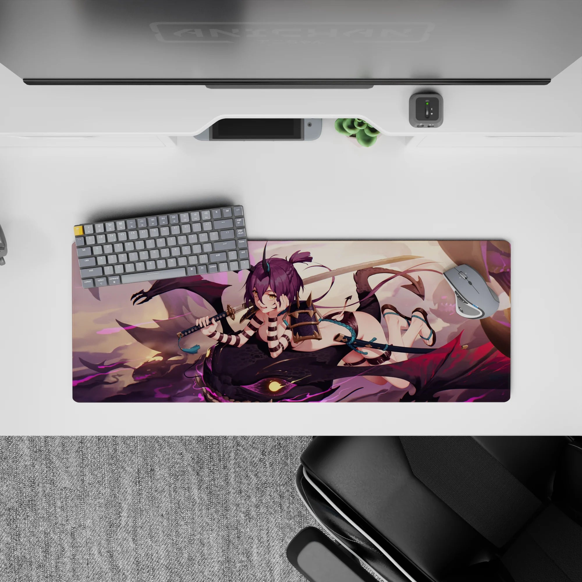 32x12 inches anime girl mouse pad in lavender skies, charcoal scales, magenta streaks, teal straps.
