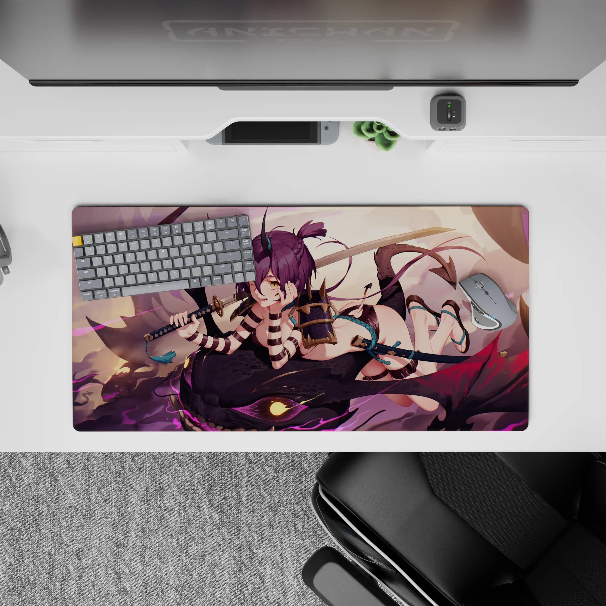 32x16 inches anime girl mouse pad in lavender sky, charcoal scales, neon magenta streaks and teal straps.