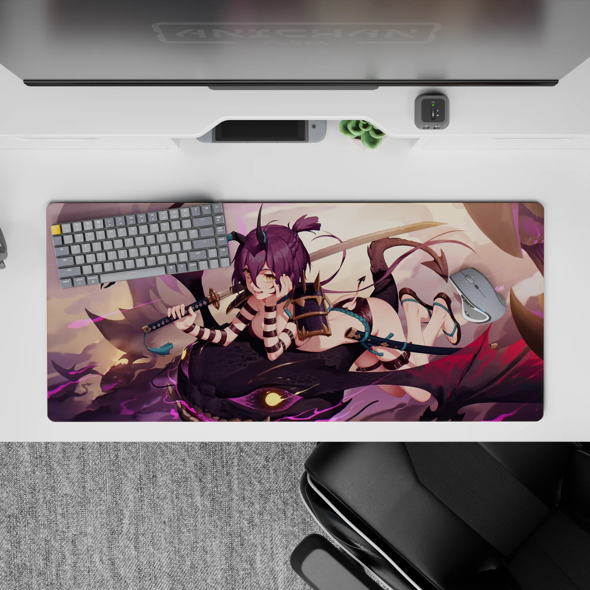 Lavender sky anime desk pad 36x16 inches with charcoal dragon scales, magenta streaks, teal accents.