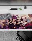 Lavender sky anime desk pad 36x16 inches with charcoal dragon scales, magenta streaks, teal accents.
