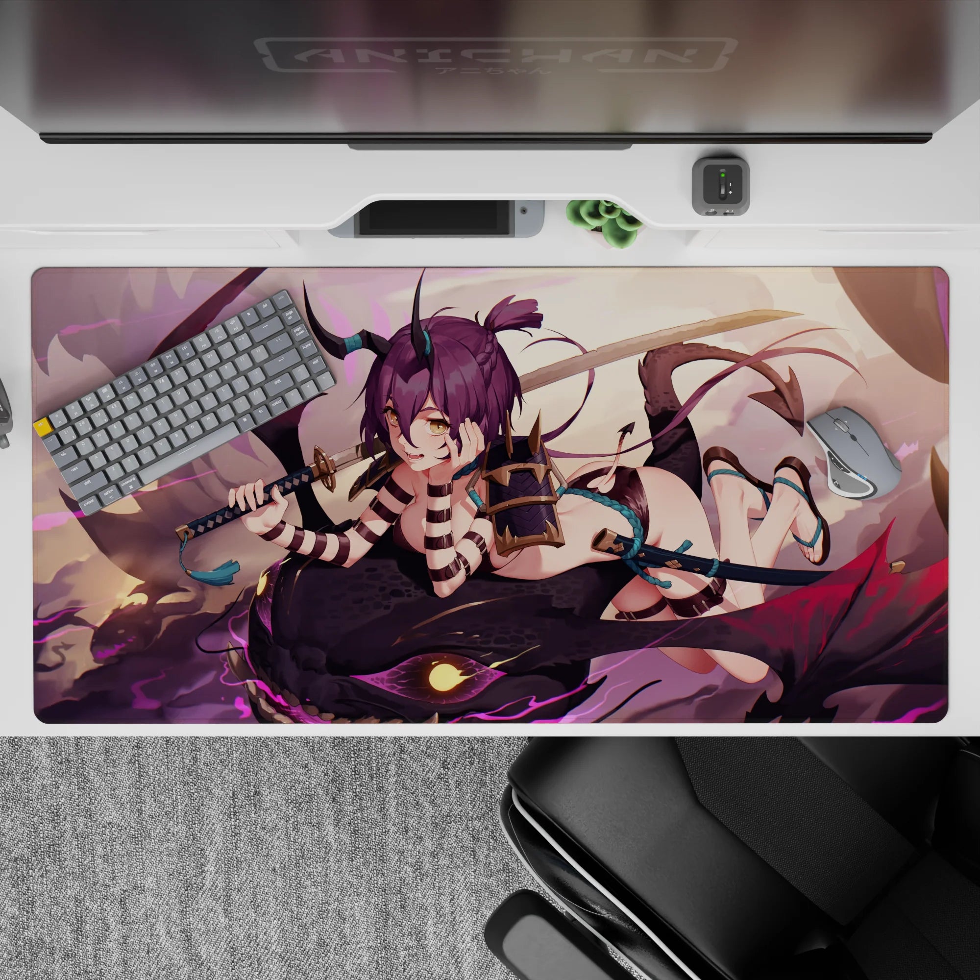 Lavender sky anime desk pad 40x20 inches with neon magenta accents, teal straps, and dark scales.