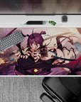Lavender sky anime desk pad 40x20 inches with neon magenta accents, teal straps, and dark scales.