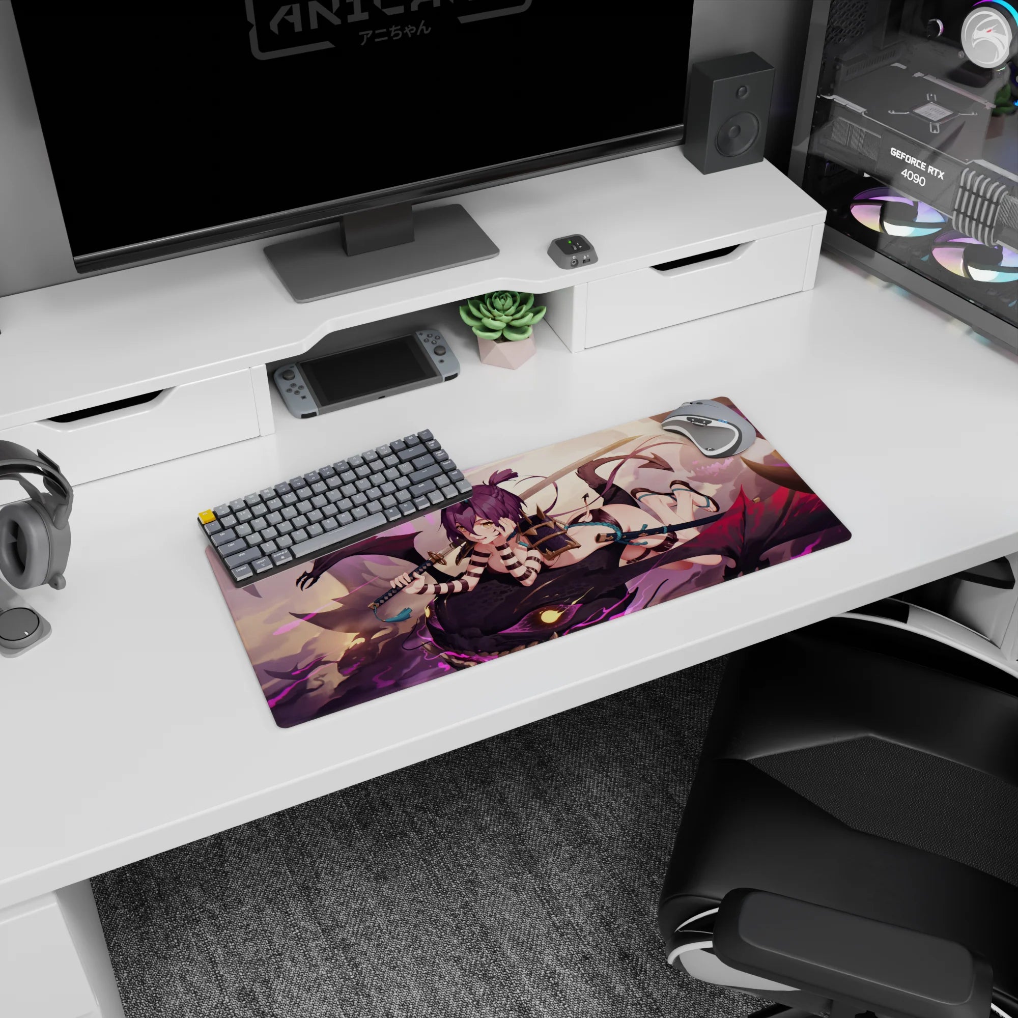 28x12 inches mouse pad showing mischievous horned anime girl lounging on a dragon with katana.