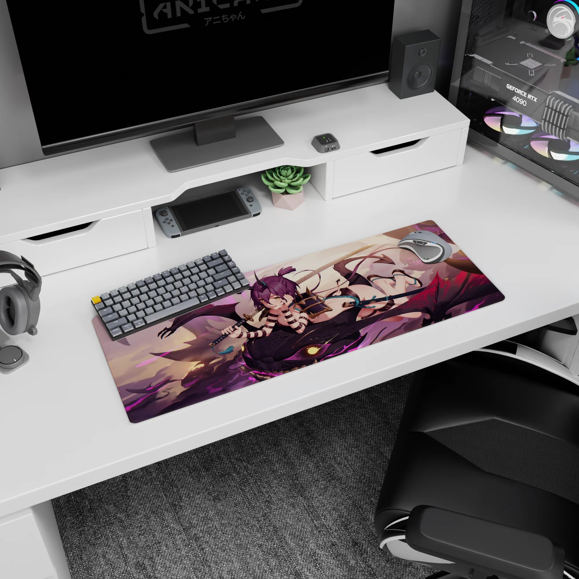 Anime girl sprawled on a shadow dragon with katana grin, 32x12 inches desk mouse pad.
