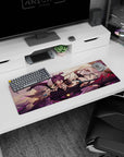 Anime girl sprawled on a shadow dragon with katana grin, 32x12 inches desk mouse pad.
