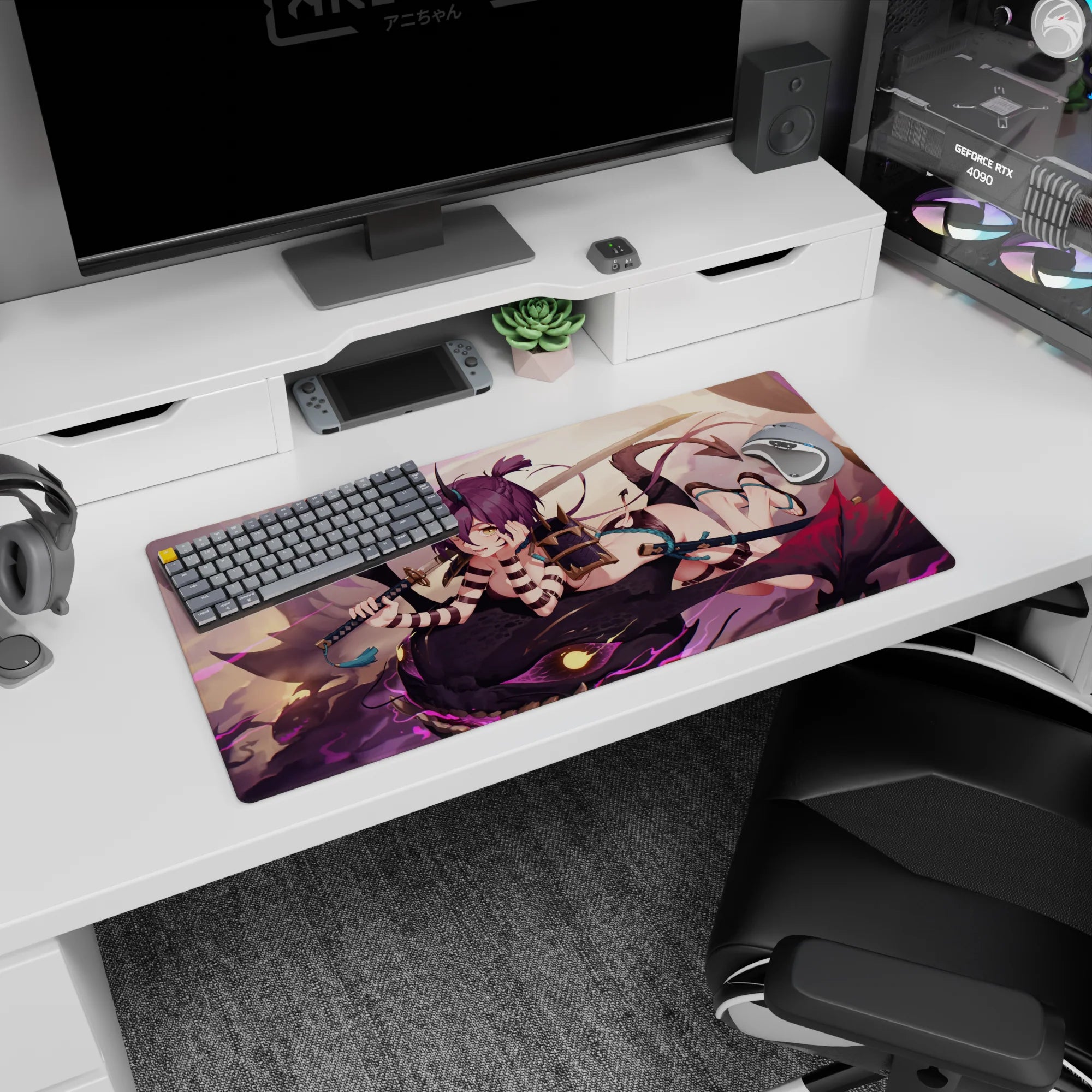 Horned anime girl grinning on a shadow dragon with katana, 32x16 inches extended gaming mouse pad.