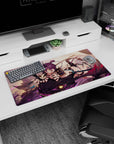 Horned anime girl grinning on a shadow dragon with katana, 32x16 inches extended gaming mouse pad.