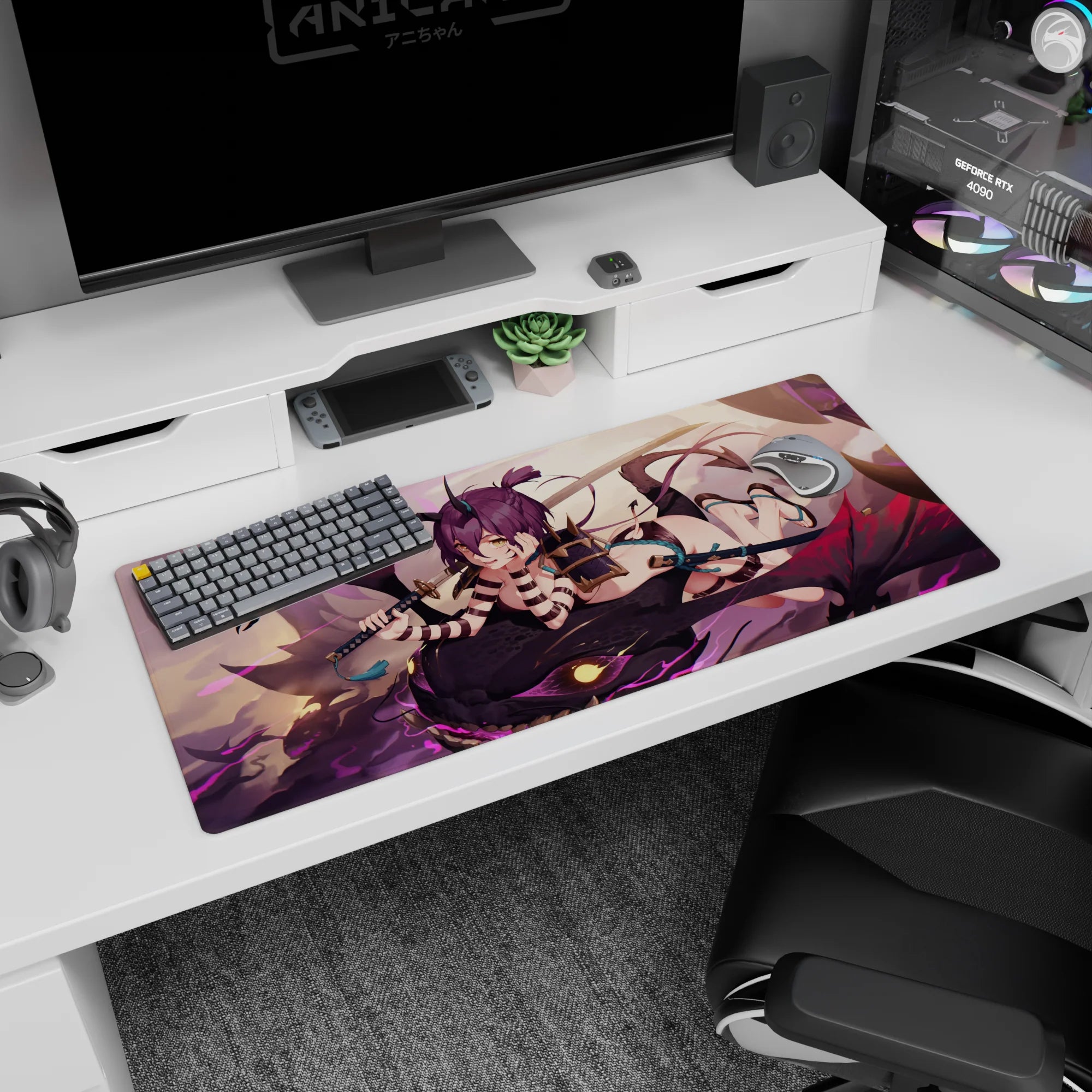 Horned anime succubus rider on a shadow dragon desk pad 36x16 inches, grinning with katana.