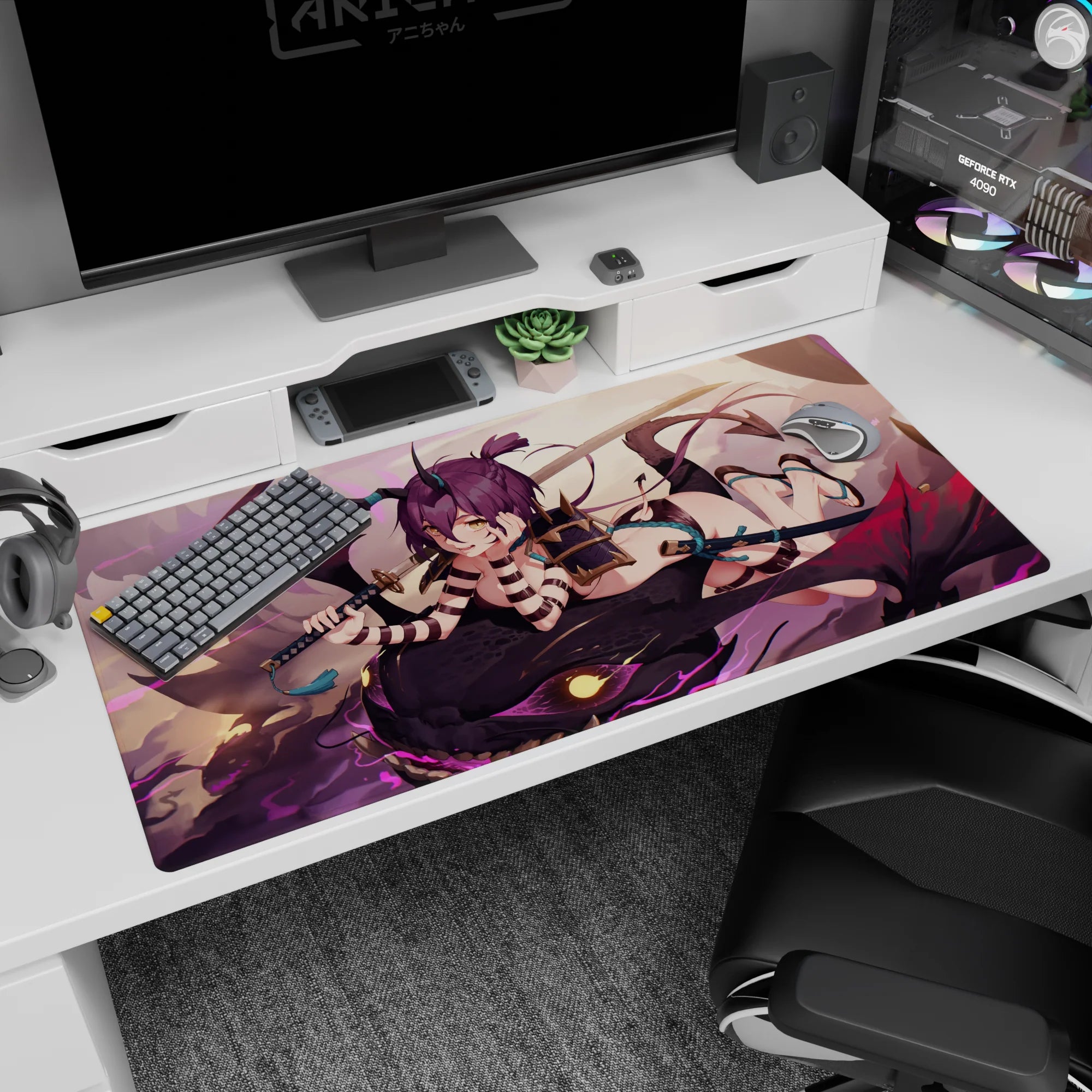 Horned anime girl sprawled on a shadow dragon desk pad 40x20 inches, katana ready, sly grin.