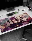 Horned anime girl sprawled on a shadow dragon desk pad 40x20 inches, katana ready, sly grin.
