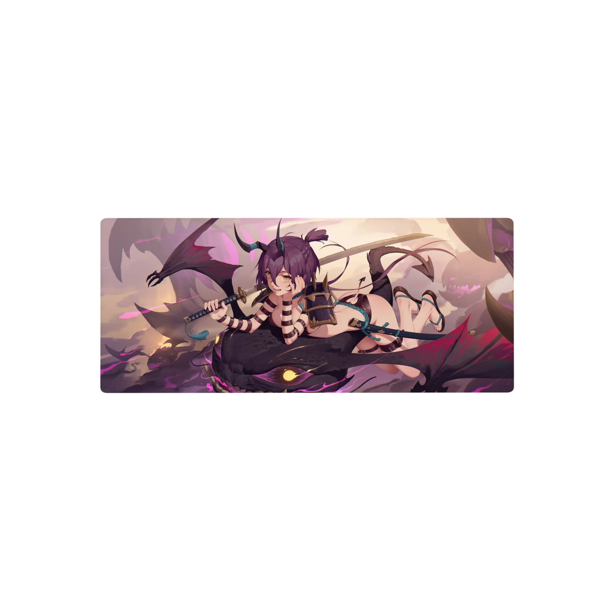 28x12 inches anime girl mouse pad with horned rider on shadow dragon, katana, neon straps.
