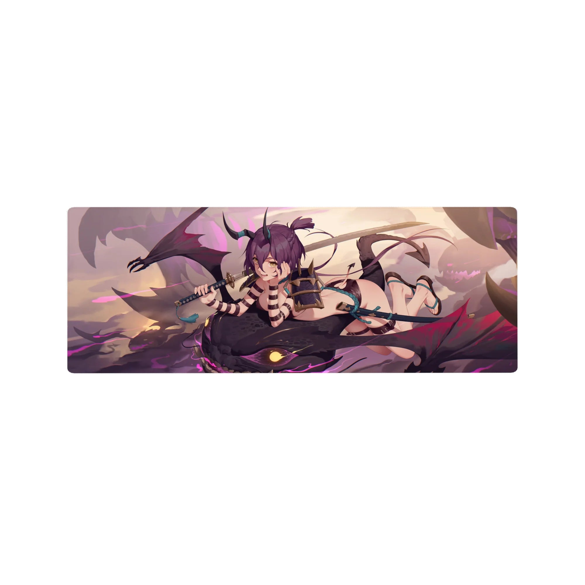Anime girl mouse pad 32x12 inches with horned rider on shadow dragon, katana, neon straps.
