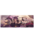Anime girl mouse pad 32x12 inches with horned rider on shadow dragon, katana, neon straps.