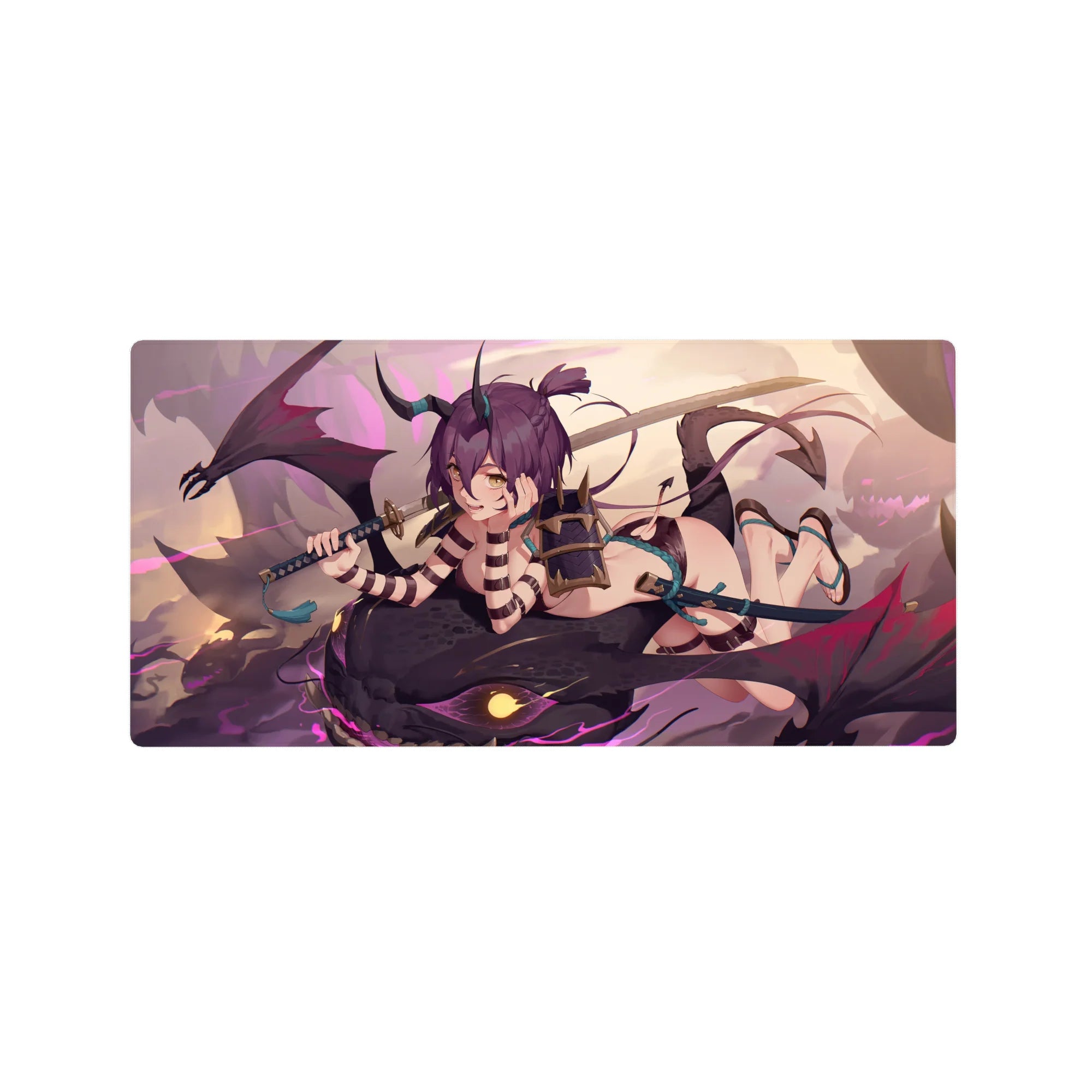 Anime girl mouse pad 32x16 inches featuring horned rider on shadow dragon with katana, bold fantasy art.