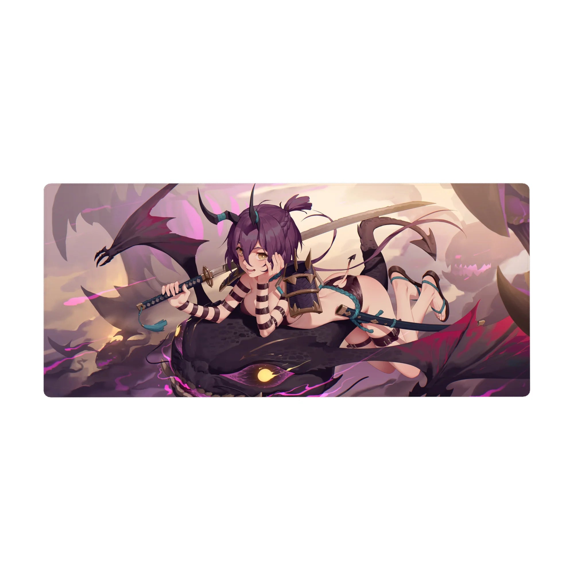 Anime girl and shadow dragon desk pad 36x16 inches with katana, horns, and neon strap details.