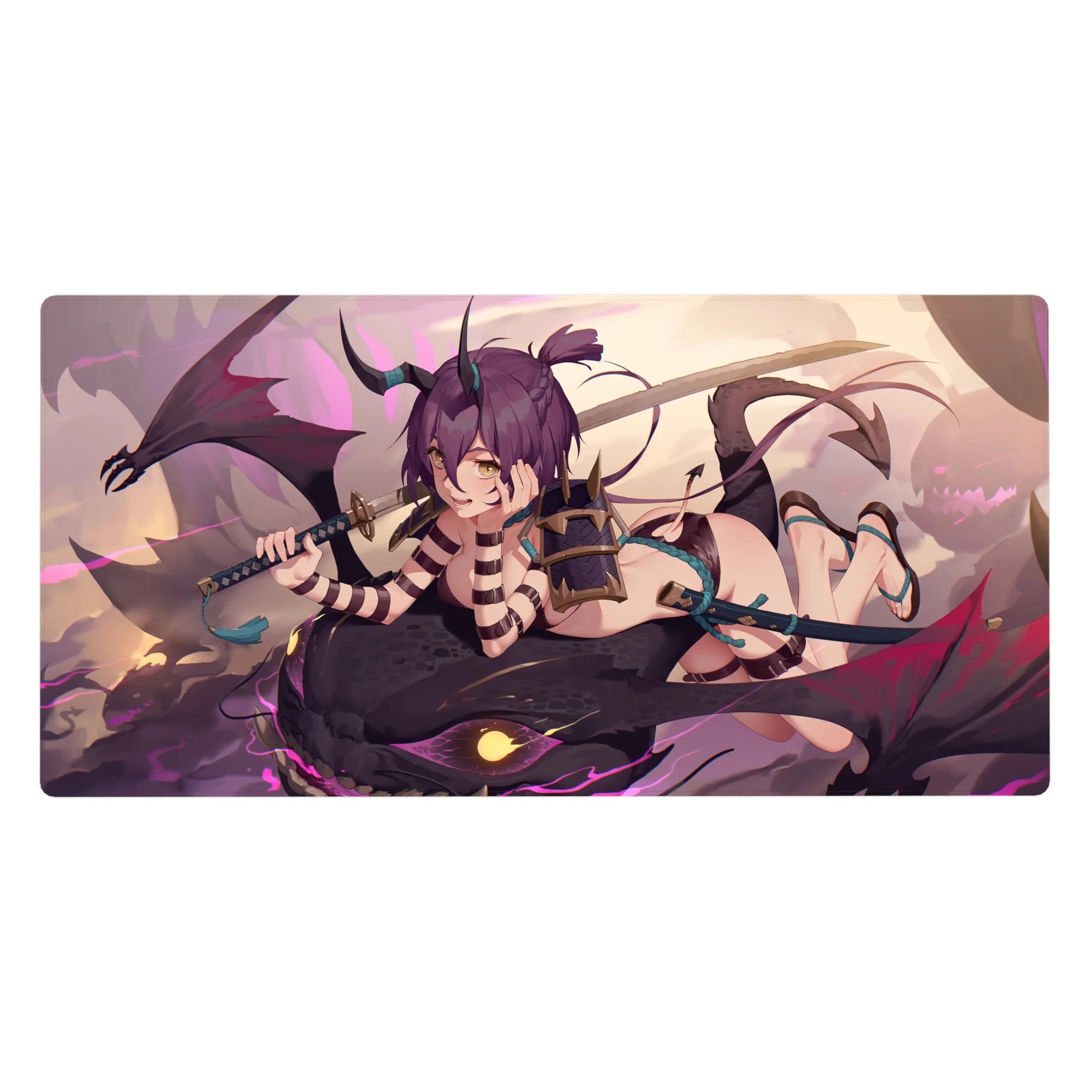 Anime girl dragon desk pad 40x20 inches with horned rider, katana, and shadow dragon illustration.