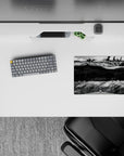 Moody ink-black and steel-highlight anime mouse pad 14x10 inches with deep contrast and curling smoke.