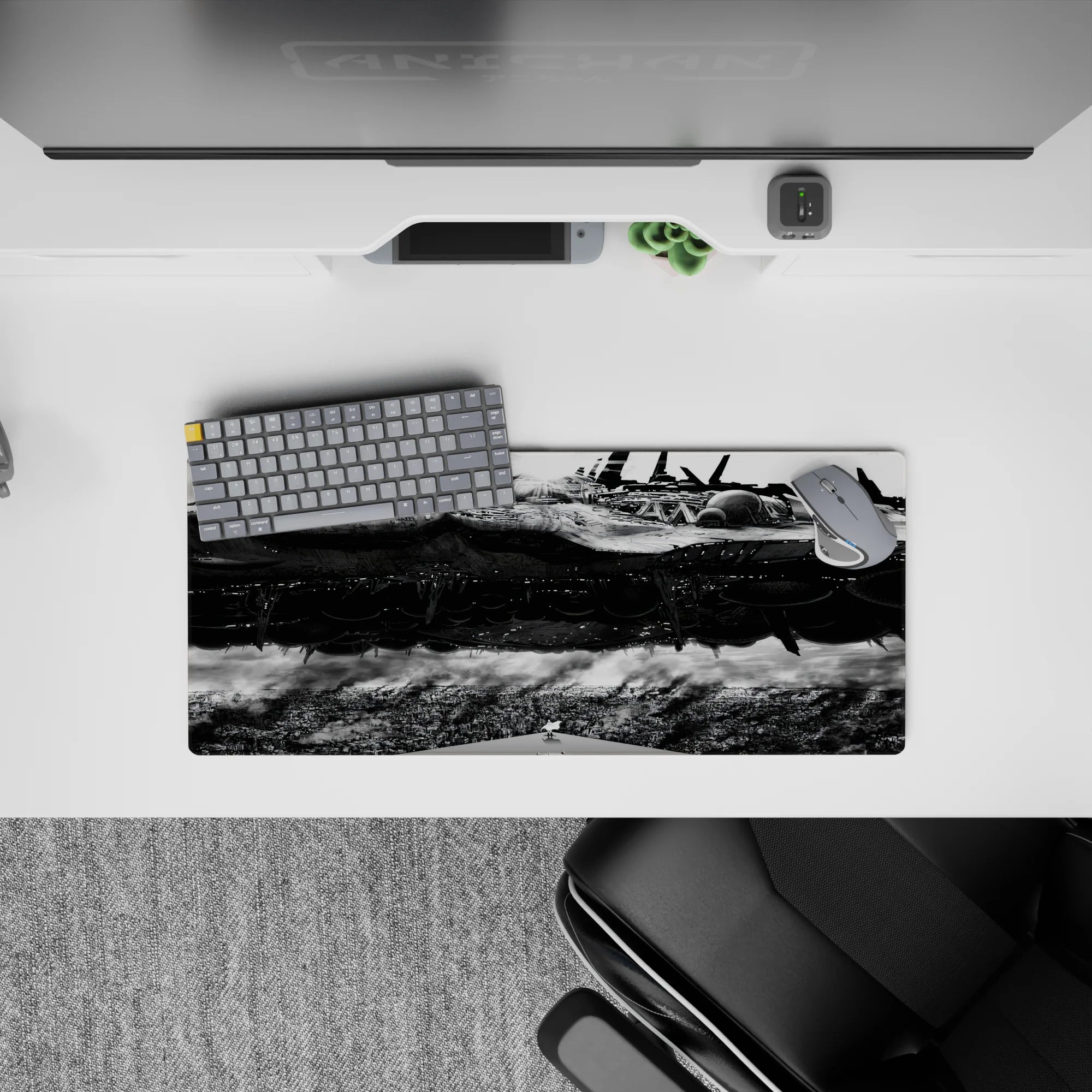 28x12 inches anime mouse pad in ink-black shadows and bright steel highlights, clean and moody.