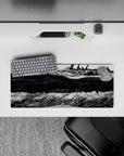 28x12 inches anime mouse pad in ink-black shadows and bright steel highlights, clean and moody.