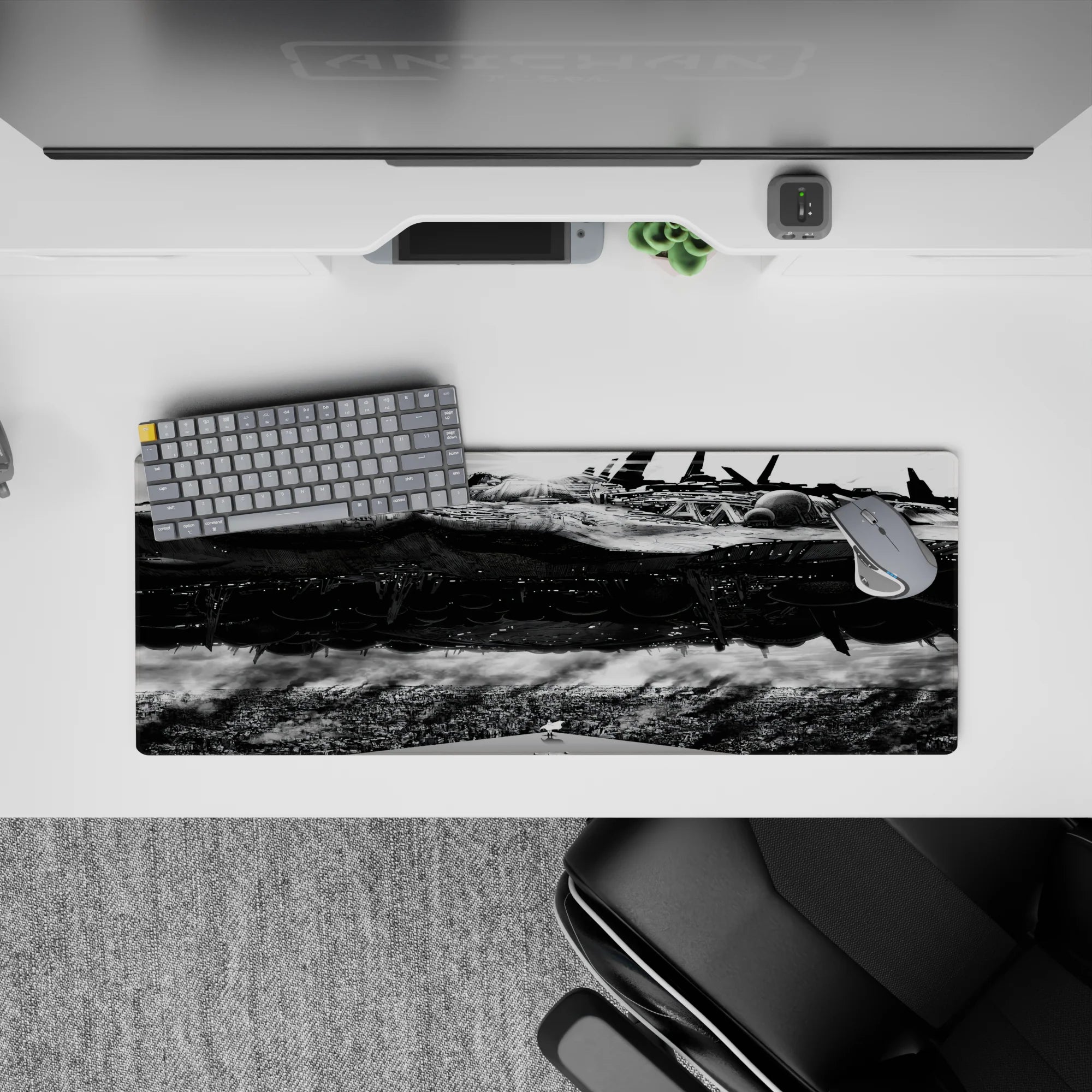 32x12 inches anime mouse pad in ink-black shadows and bright steel highlights, moody high-contrast art.
