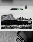 32x12 inches anime mouse pad in ink-black shadows and bright steel highlights, moody high-contrast art.