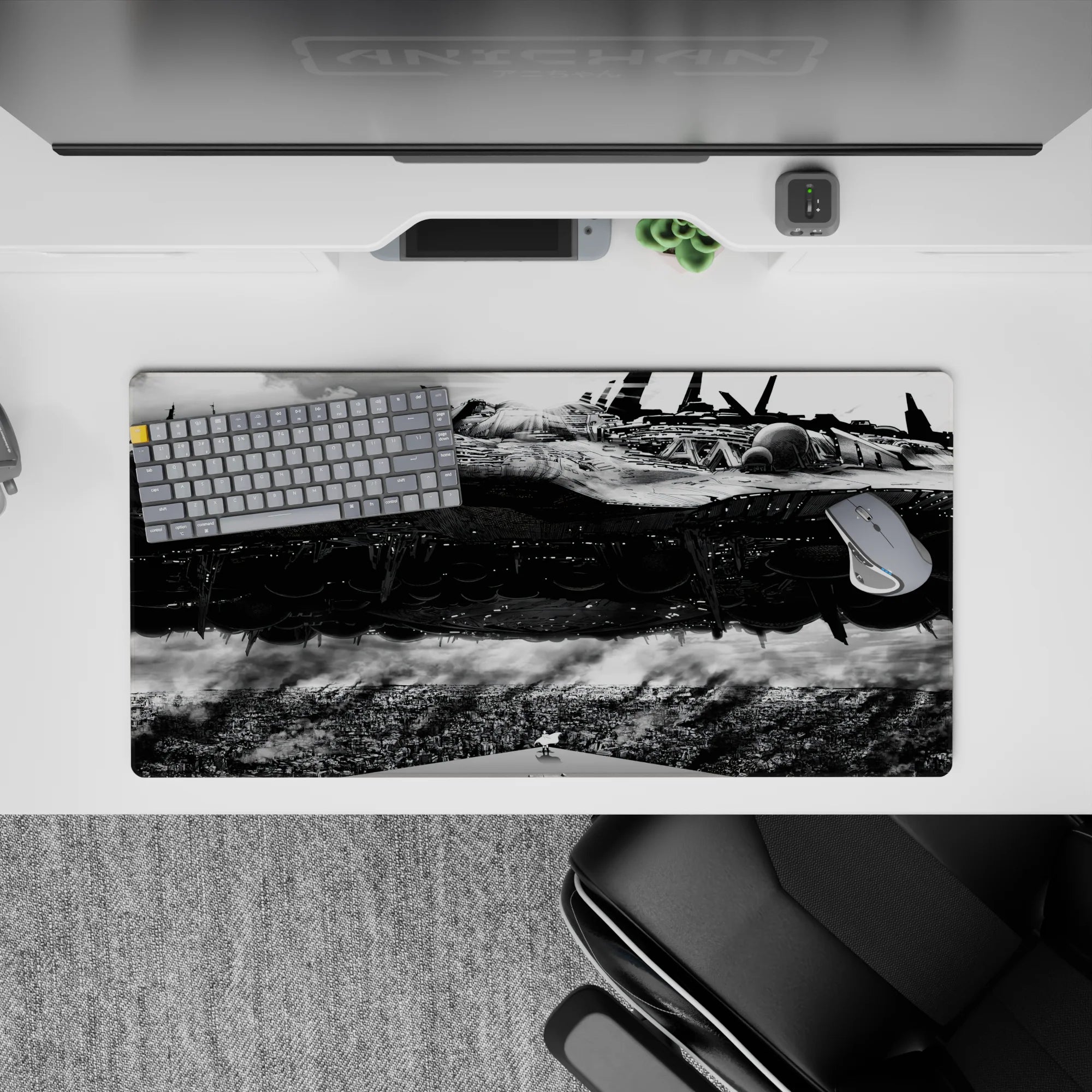 32x16 inches anime mouse pad in ink-black shadows and bright steel highlights, moody high-contrast art.