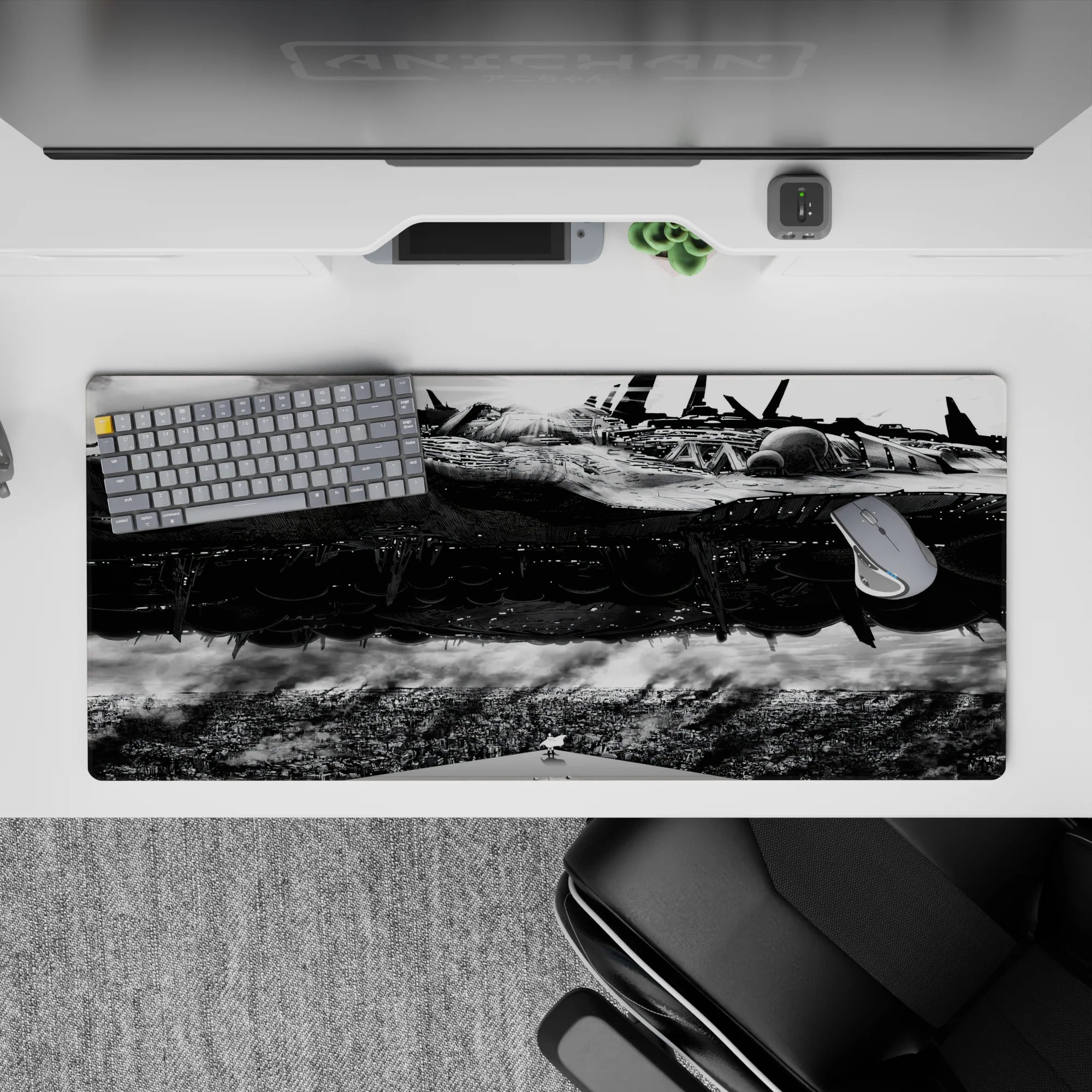 36x16 inches anime desk pad in ink-black shadows and bright steel highlights, moody high-contrast city scene.