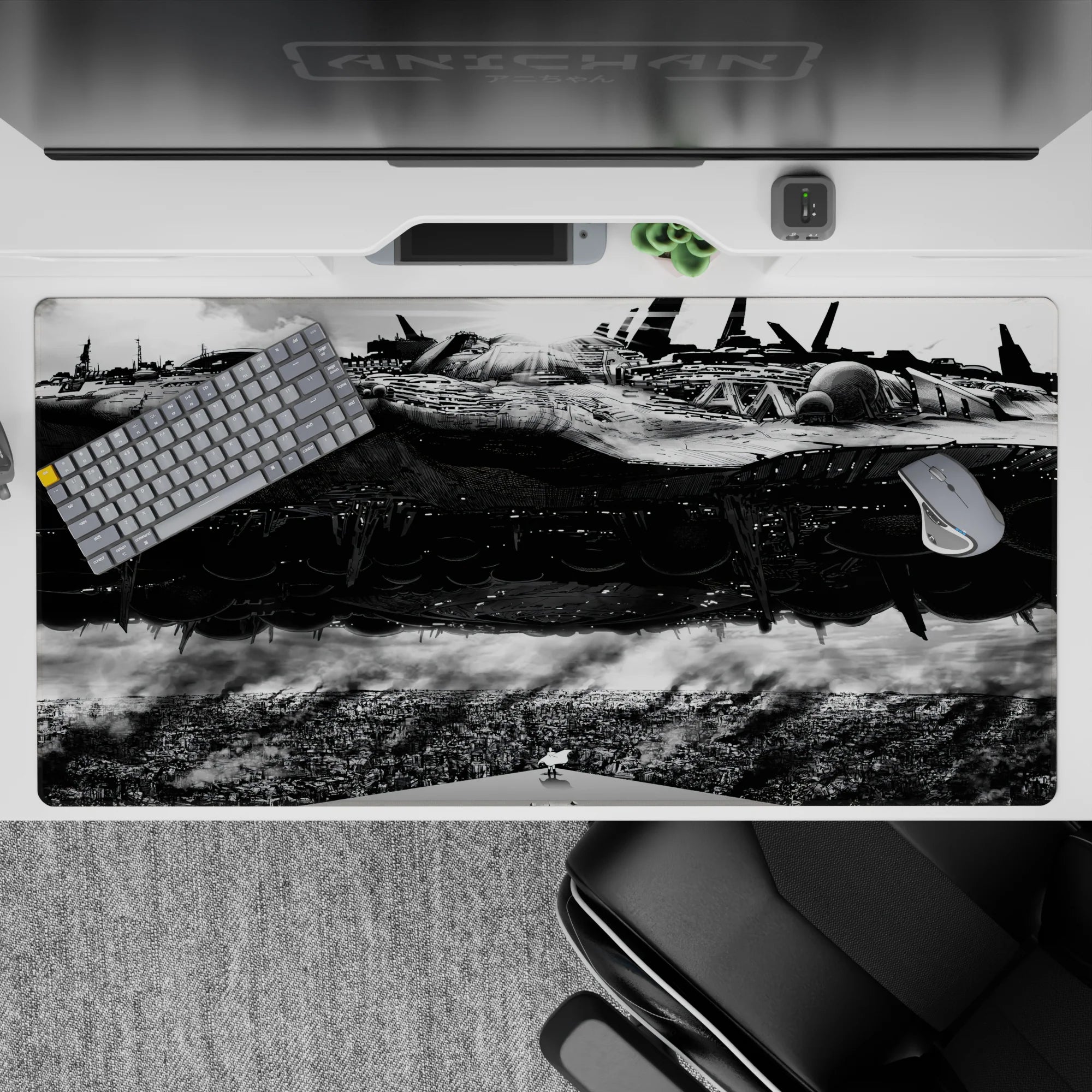 Moody ink-black and bright steel anime desk pad 40x20 inches with deep contrast and quiet intimidation.