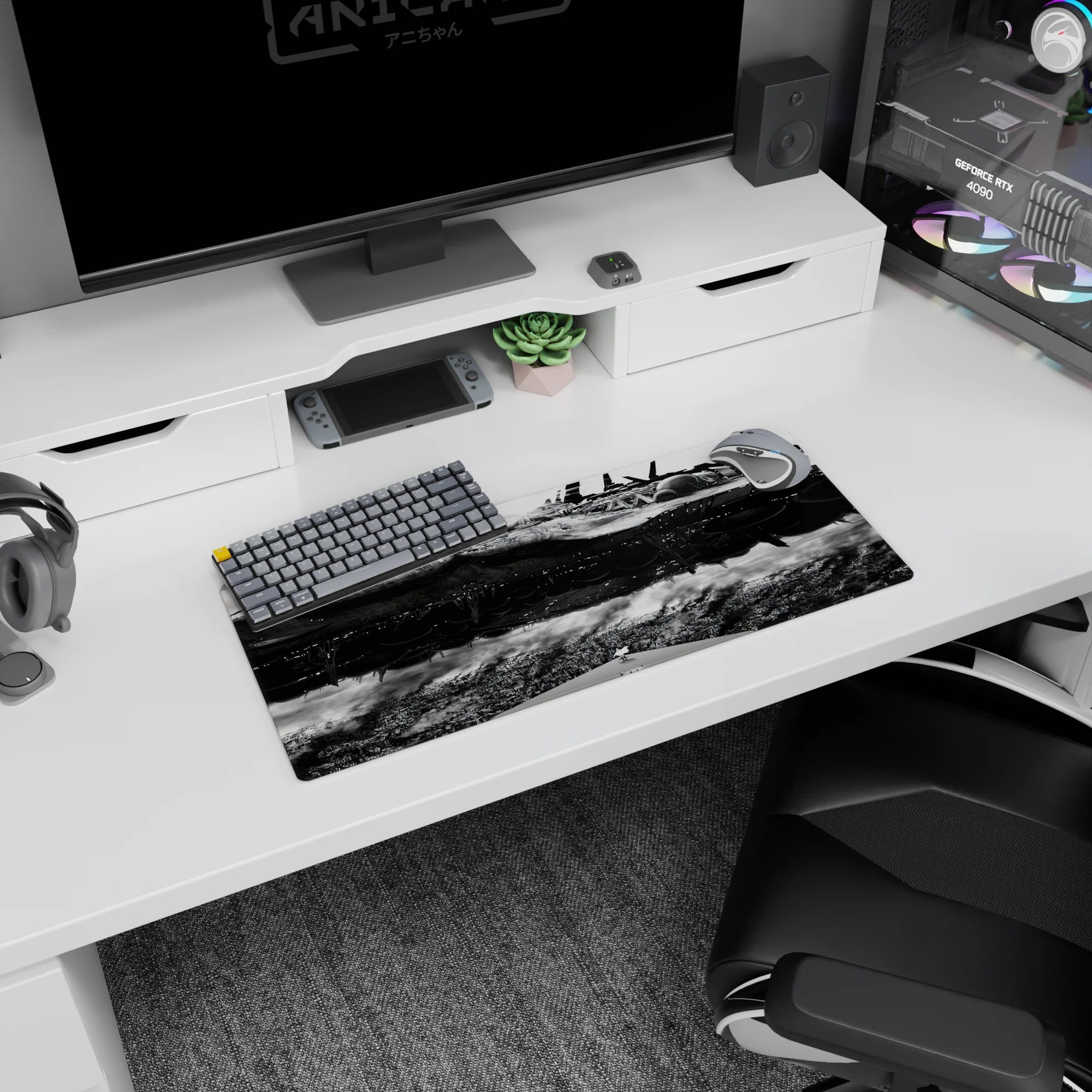 28x12 inches anime mouse pad showing battleship underside engines and ribbed plating over smoky streets.