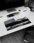 28x12 inches anime mouse pad showing battleship underside engines and ribbed plating over smoky streets.