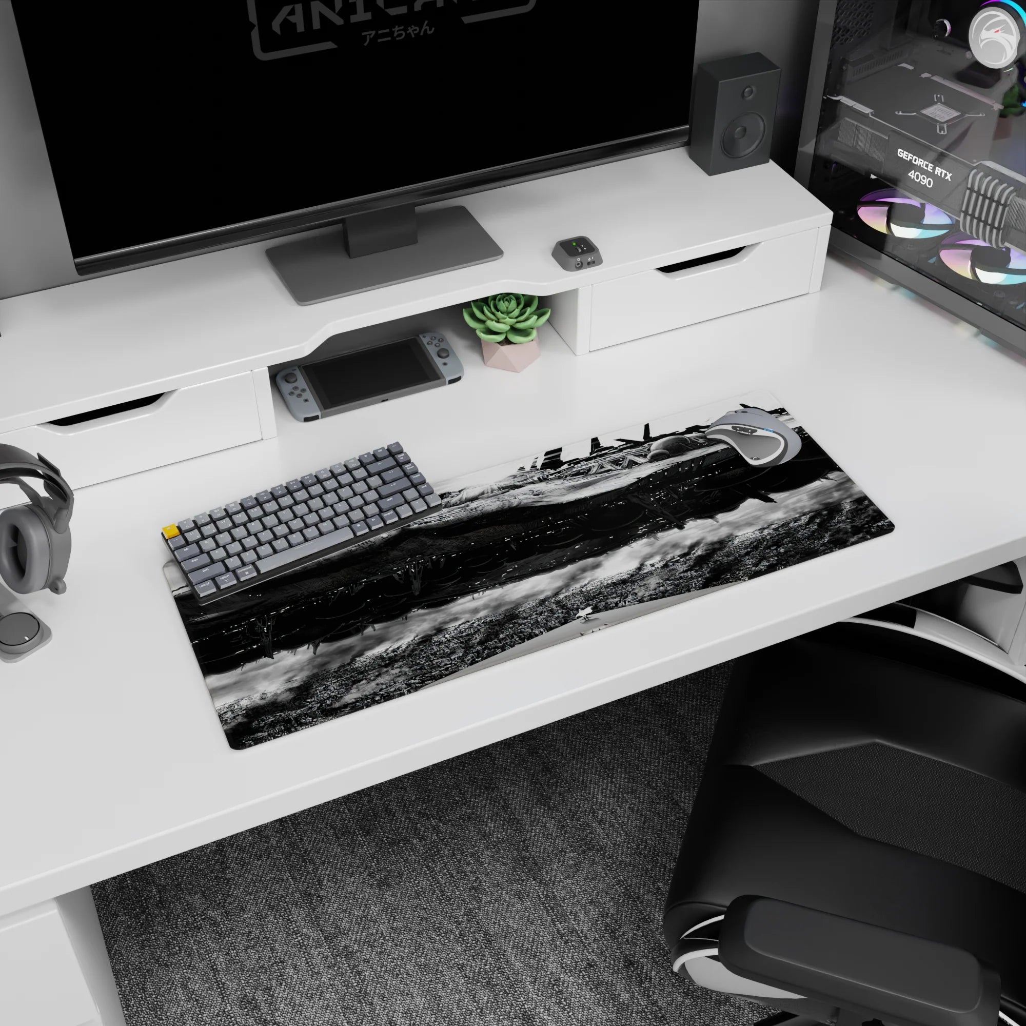 32x12 inches anime mouse pad showing a huge battleship underside, engines and smoke rising from streets.