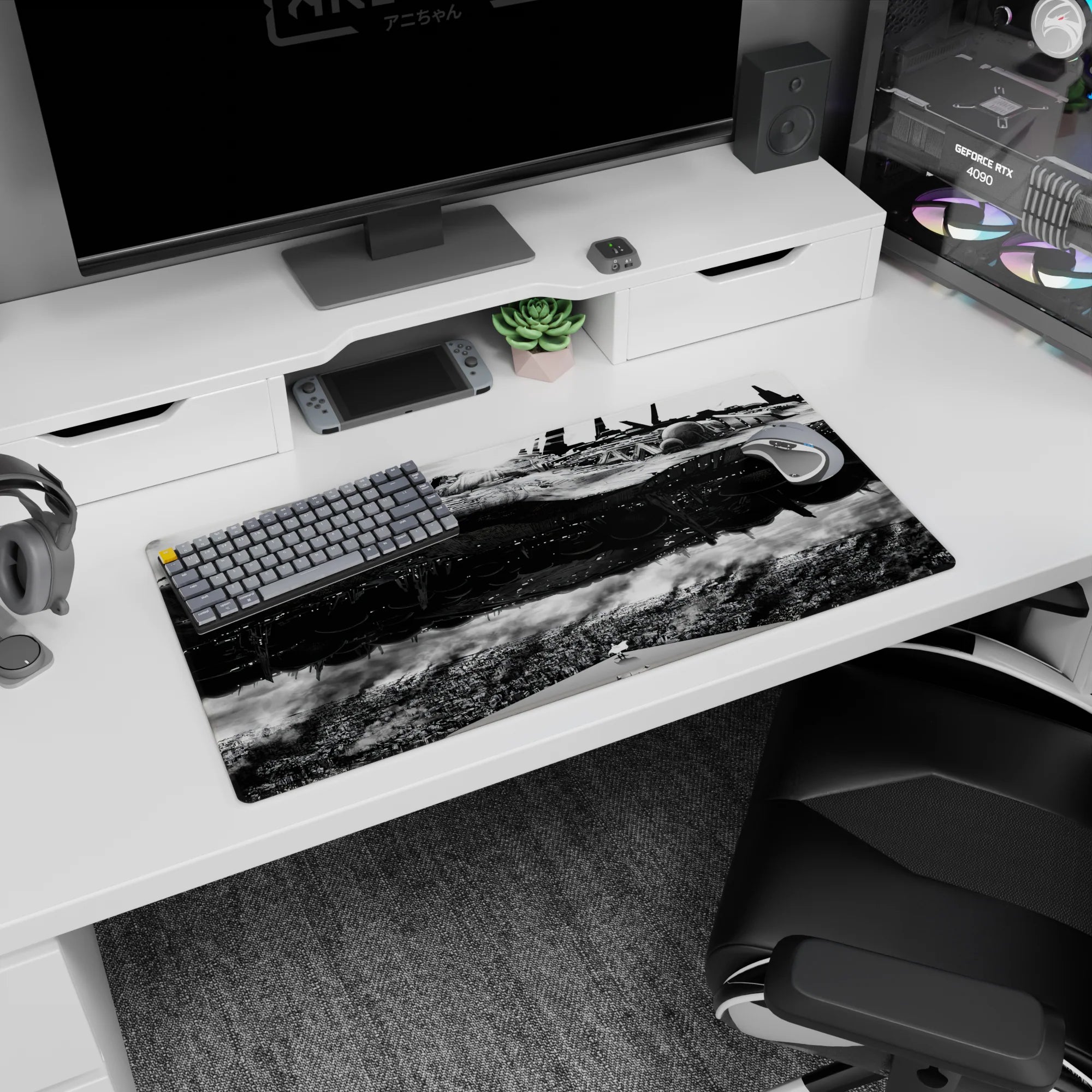 32x16 inches anime mouse pad showing a silent battleship underside with engines over smoky city streets.
