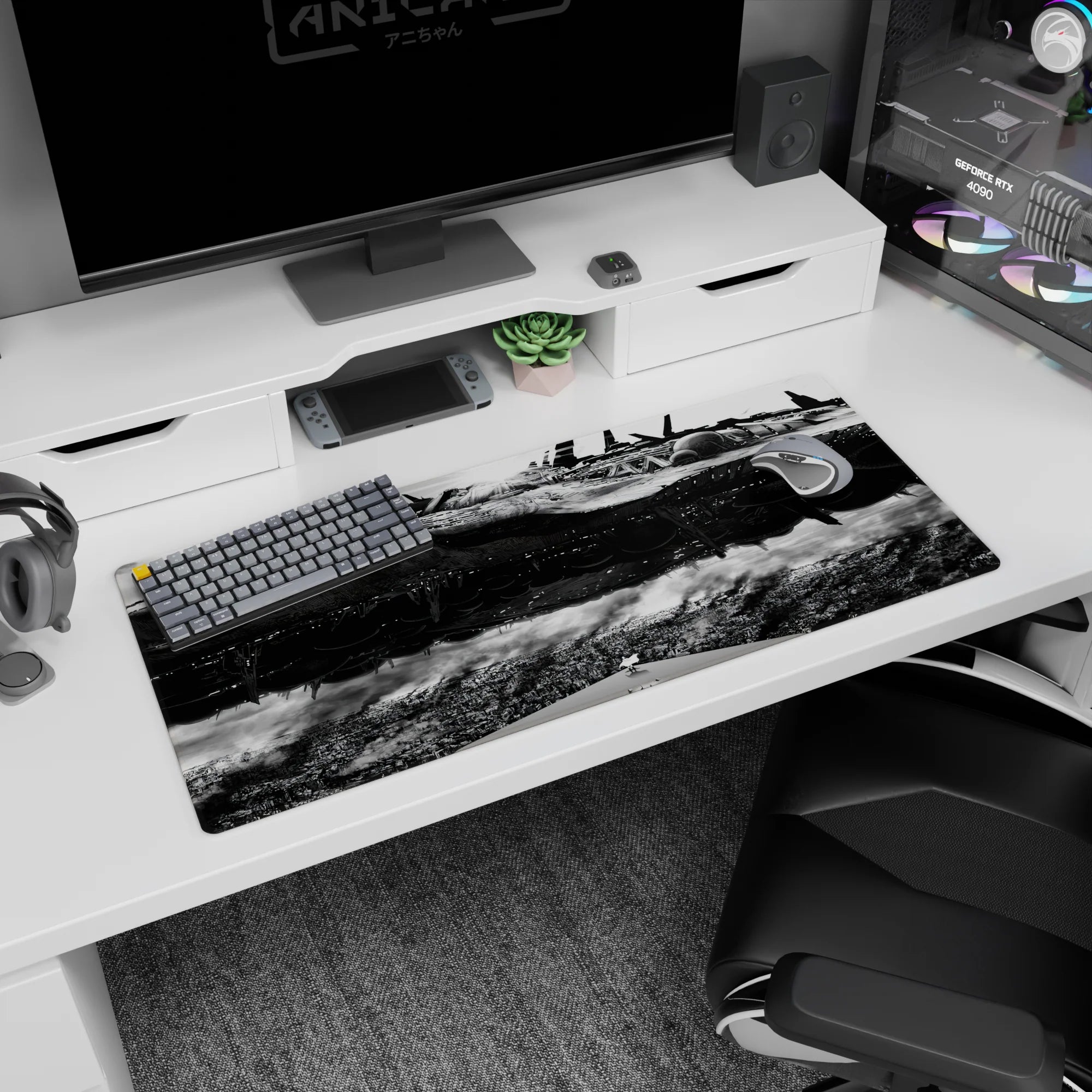 36x16 inches anime desk pad showing the ship’s engine-packed underside above streets with curling smoke ribbons.