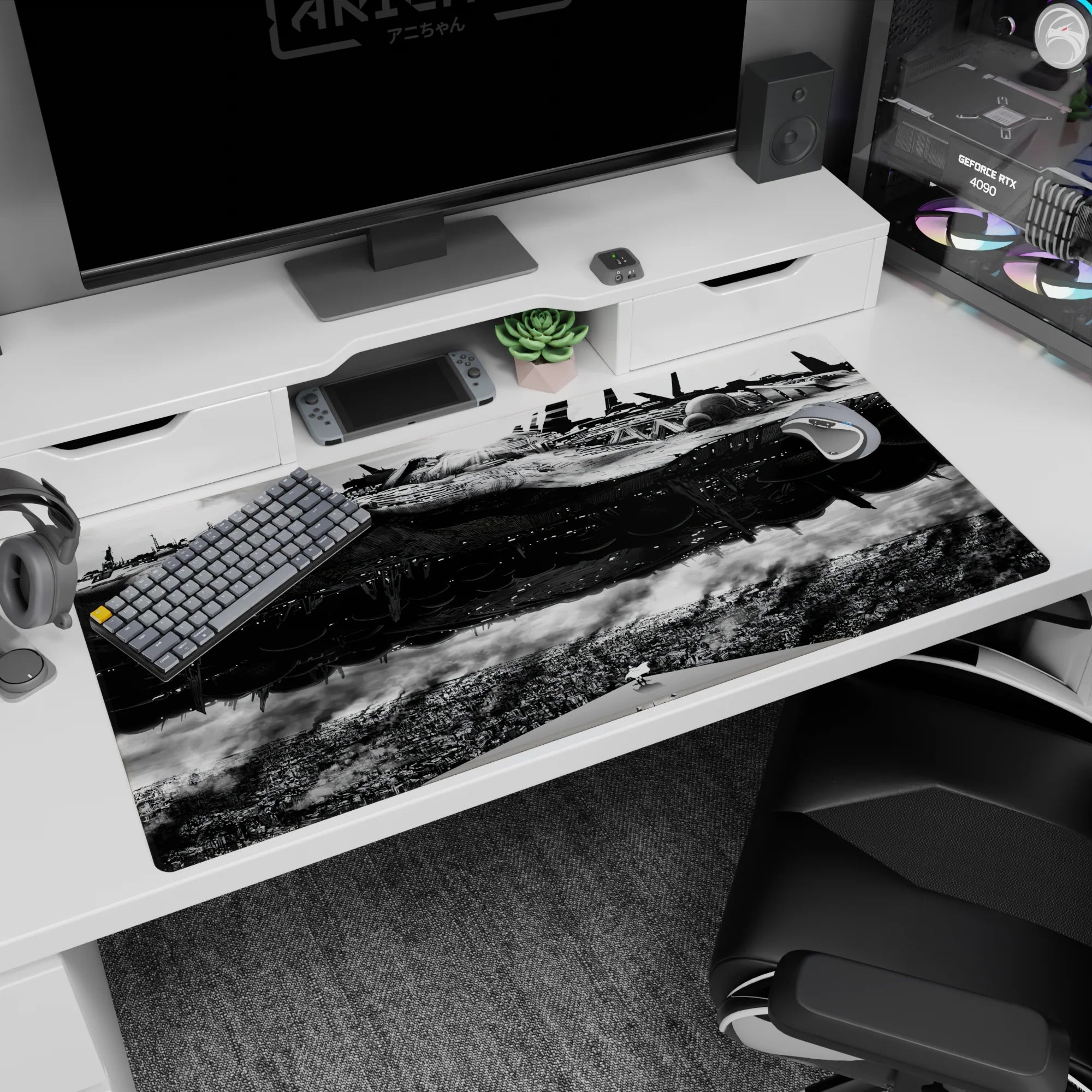 40x20 inches anime desk pad showing a massive battleship drifting overhead, engines exposed, smoke below.