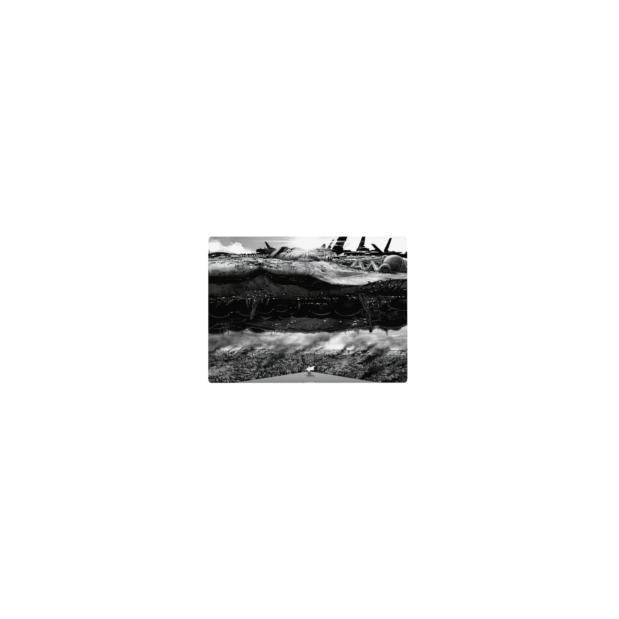 Classic anime mouse pad 14x10 inches with a colossal sci-fi battleship hovering over a crowded city skyline.