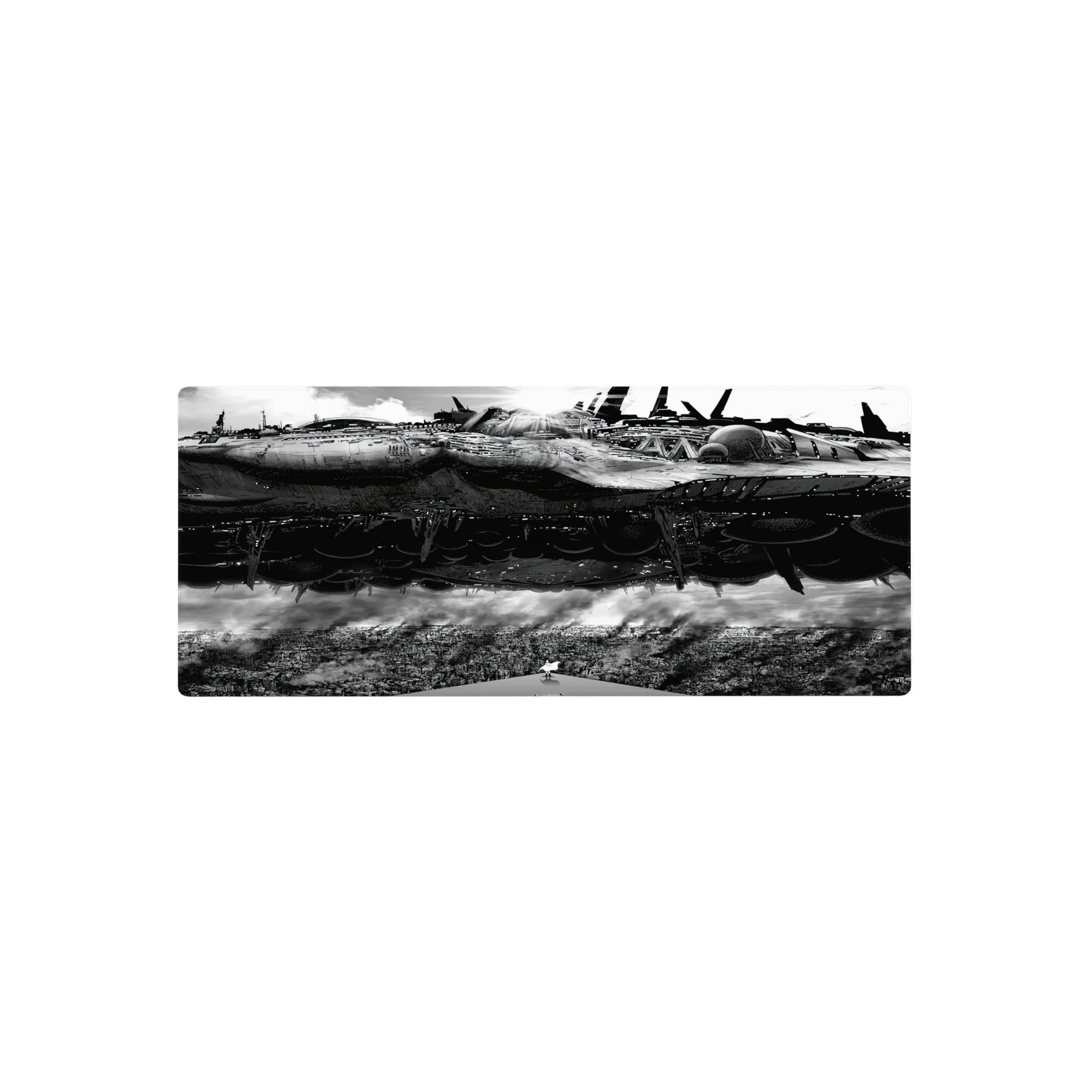 28x12 inches anime mouse pad with colossal sci-fi battleship hovering above a crowded city skyline.