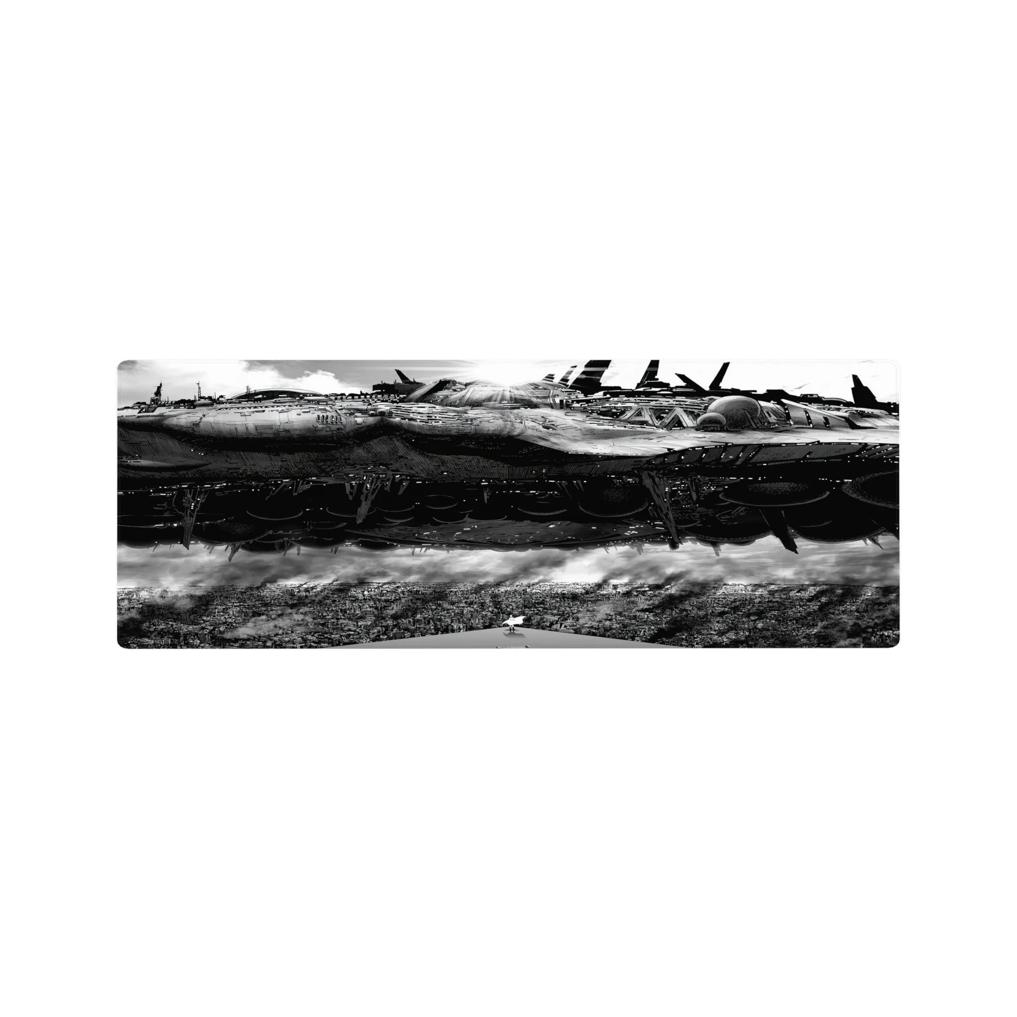 32x12 inches anime mouse pad with a colossal sci-fi battleship hovering over a crowded city skyline.