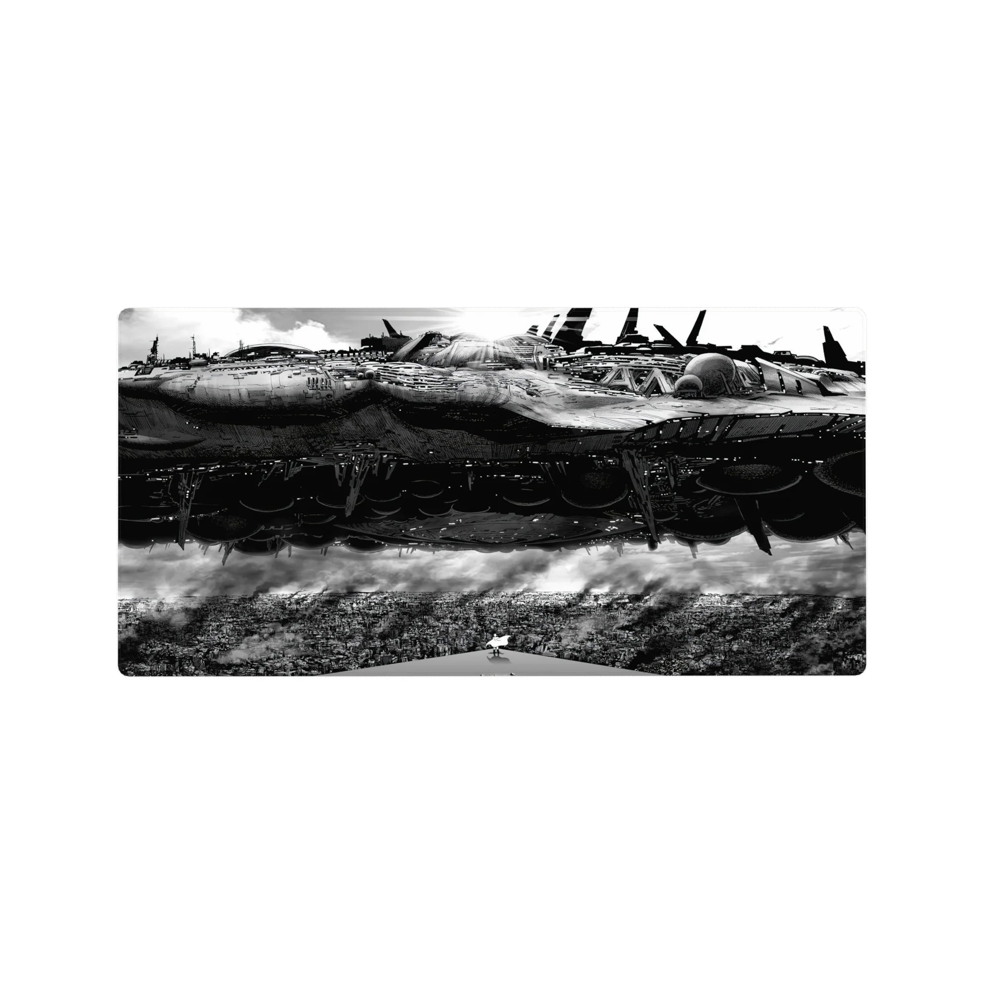 32x16 inches anime mouse pad with a colossal sci-fi battleship hovering above a crowded city skyline.