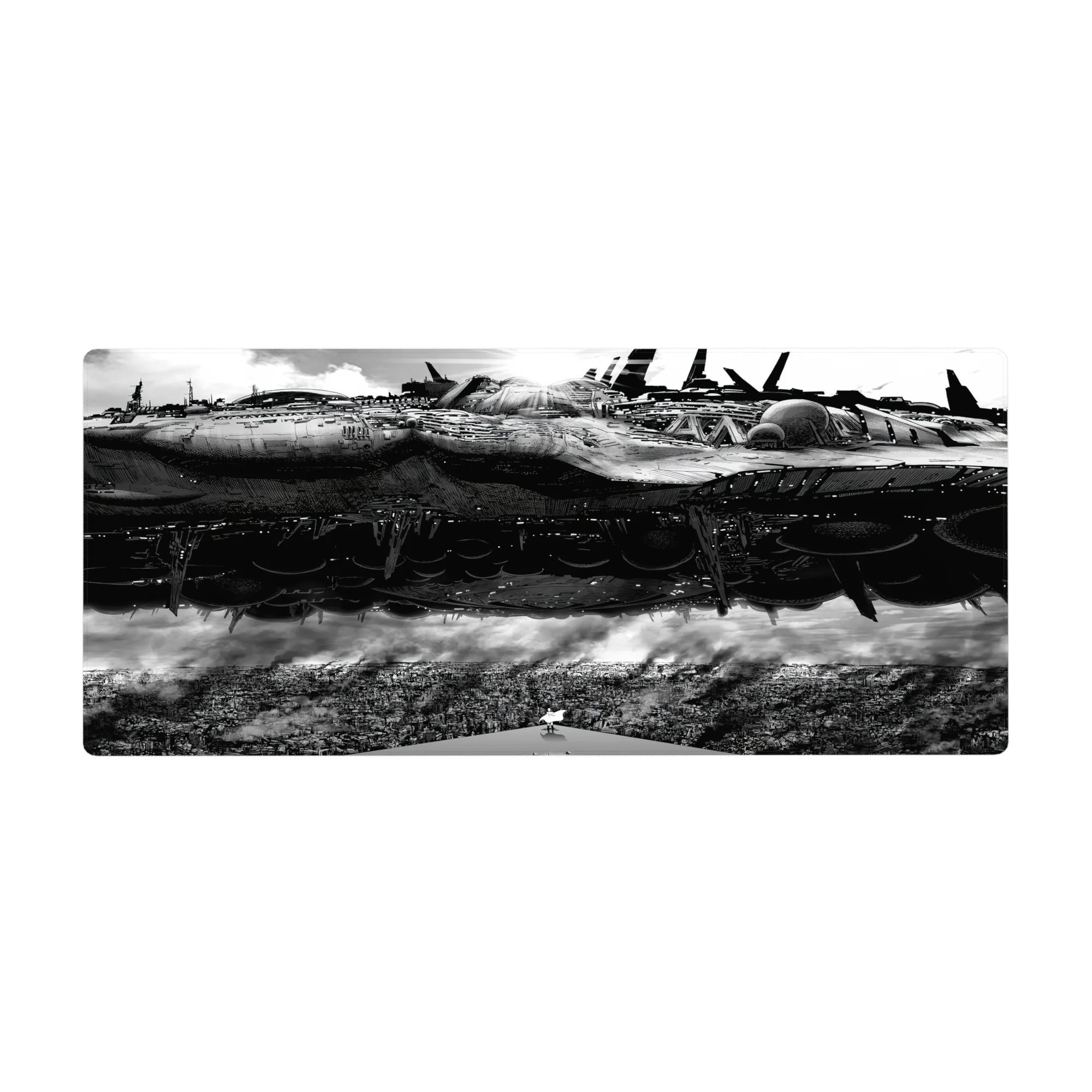 36x16 inches anime desk pad with colossal sci‑fi battleship over a crowded city skyline, detailed linework.