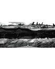 36x16 inches anime desk pad with colossal sci‑fi battleship over a crowded city skyline, detailed linework.