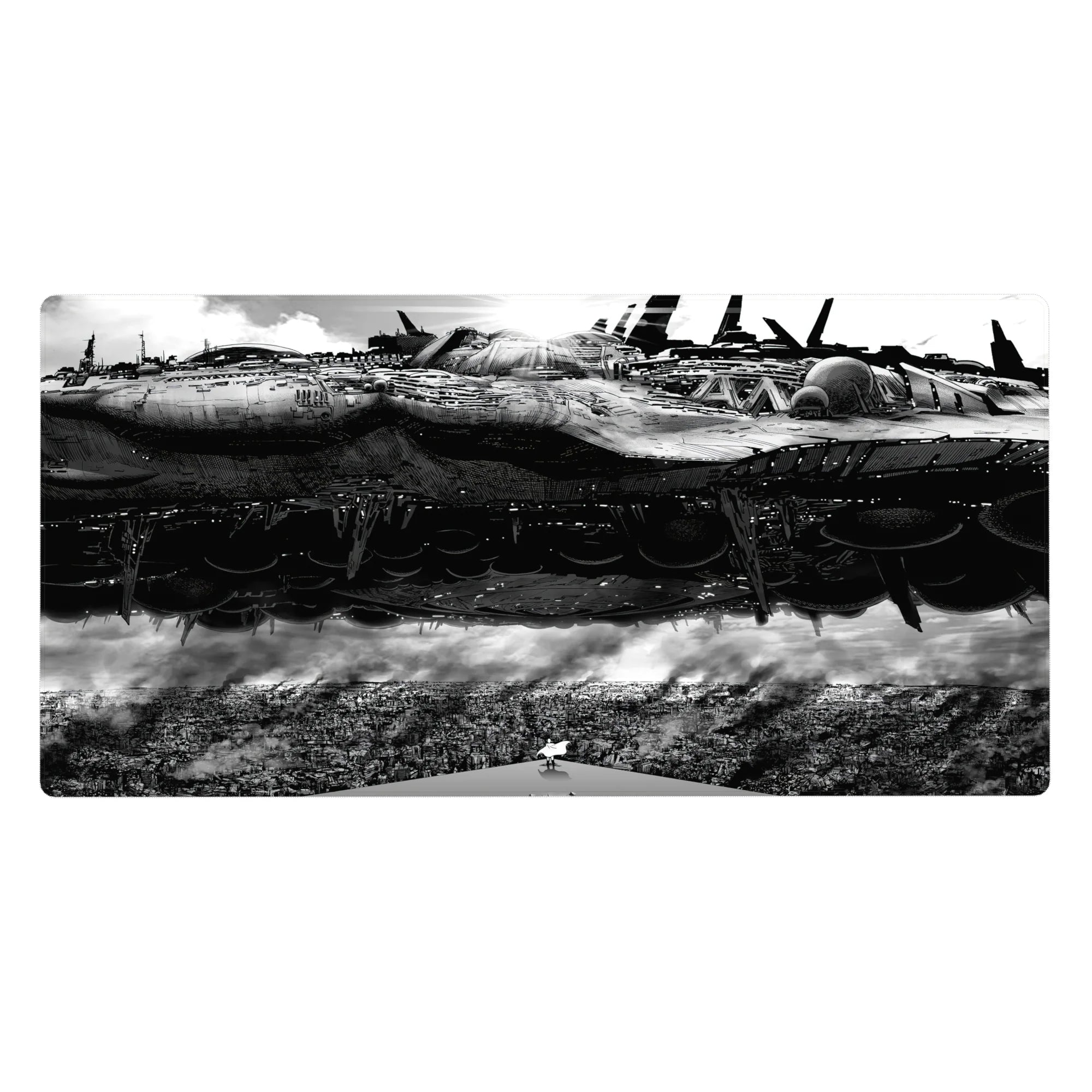 Anime desk pad 40x20 inches with colossal sci-fi battleship over a crowded city skyline, crisp linework.